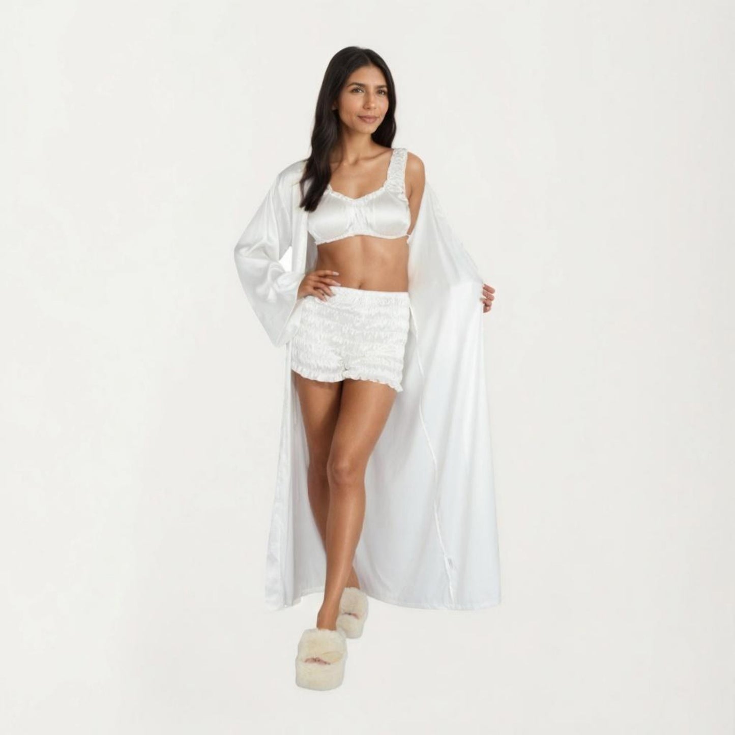 Anna-Kaci Lounge Women's 3-Piece Set Satin Robe with Matching Bralette Top and Elastic Waist Shorts Loungewear Sleepwear Set
