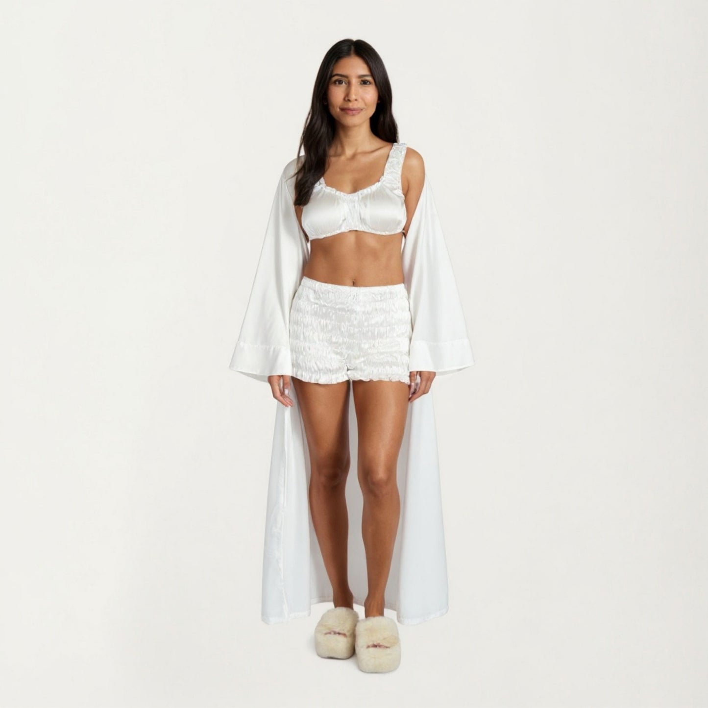 Anna-Kaci Lounge Women's 3-Piece Set Satin Robe with Matching Bralette Top and Elastic Waist Shorts Loungewear Sleepwear Set