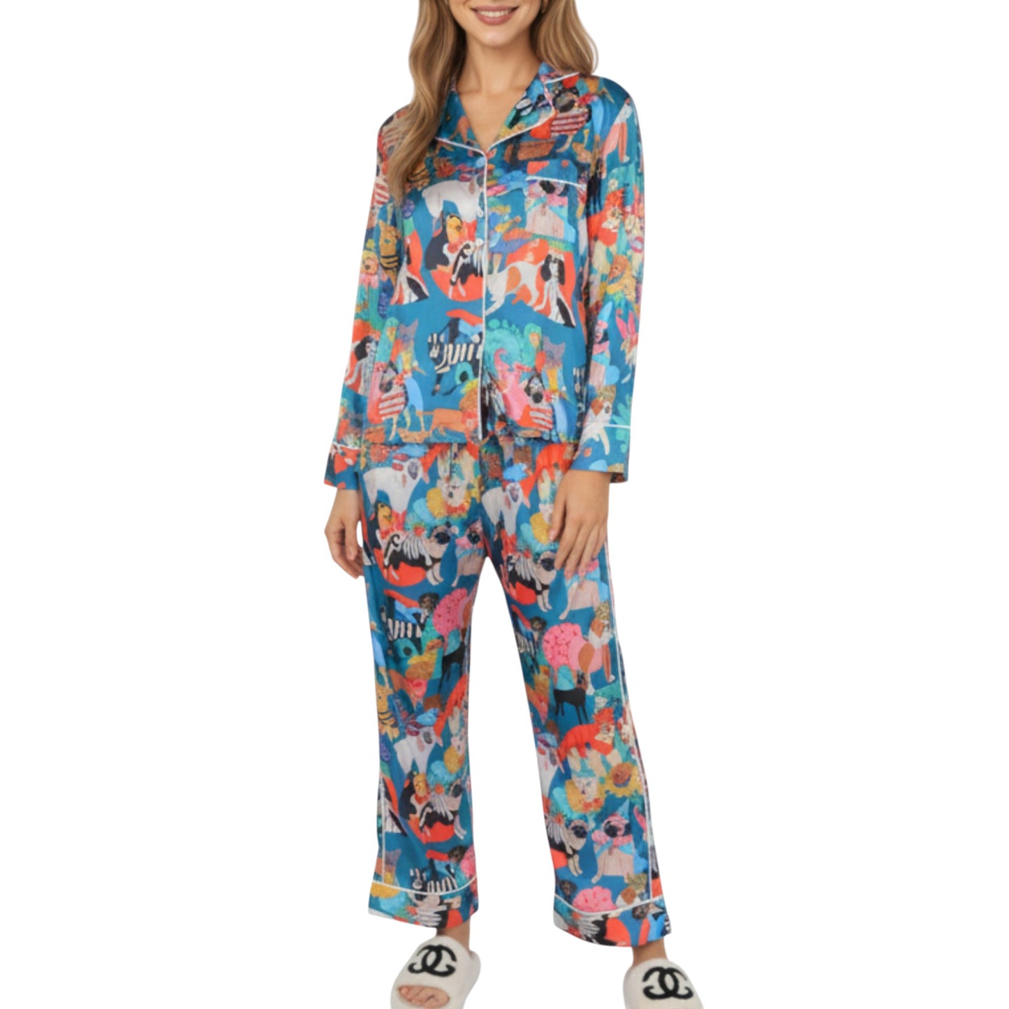 Anna-Kaci Lounge Women's 2-Piece Set Long Sleeve Button Front Top and Relaxed Fit Pants Pajama Set with Playful Dog Print