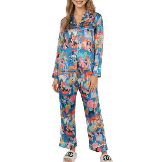 Anna-Kaci Lounge Women's 2-Piece Set Long Sleeve Button Front Top and Relaxed Fit Pants Pajama Set with Playful Dog Print