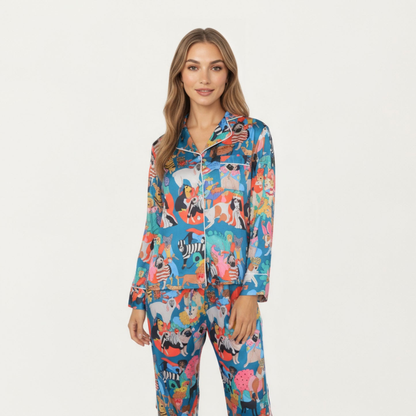Anna-Kaci Lounge Women's 2-Piece Set Long Sleeve Button Front Top and Relaxed Fit Pants Pajama Set with Playful Dog Print