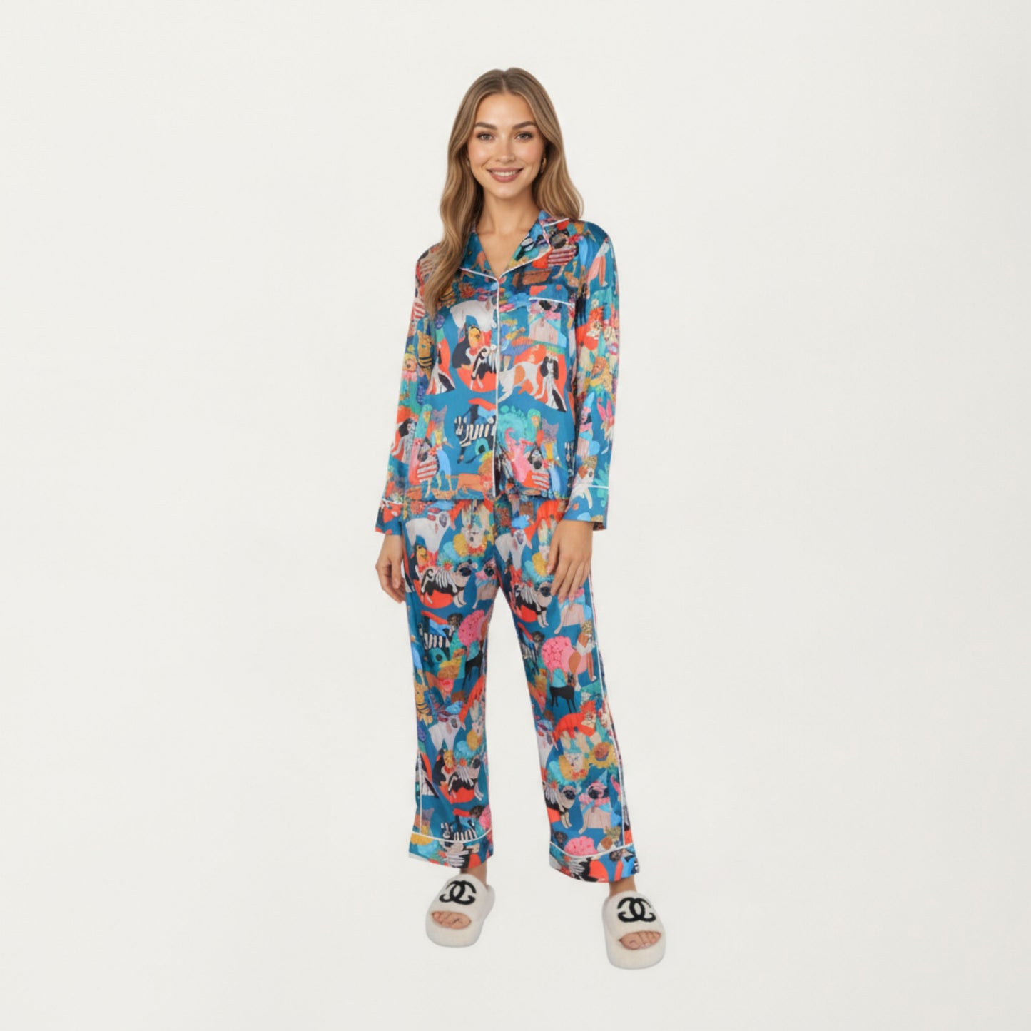Anna-Kaci Lounge Women's 2-Piece Set Long Sleeve Button Front Top and Relaxed Fit Pants Pajama Set with Playful Dog Print