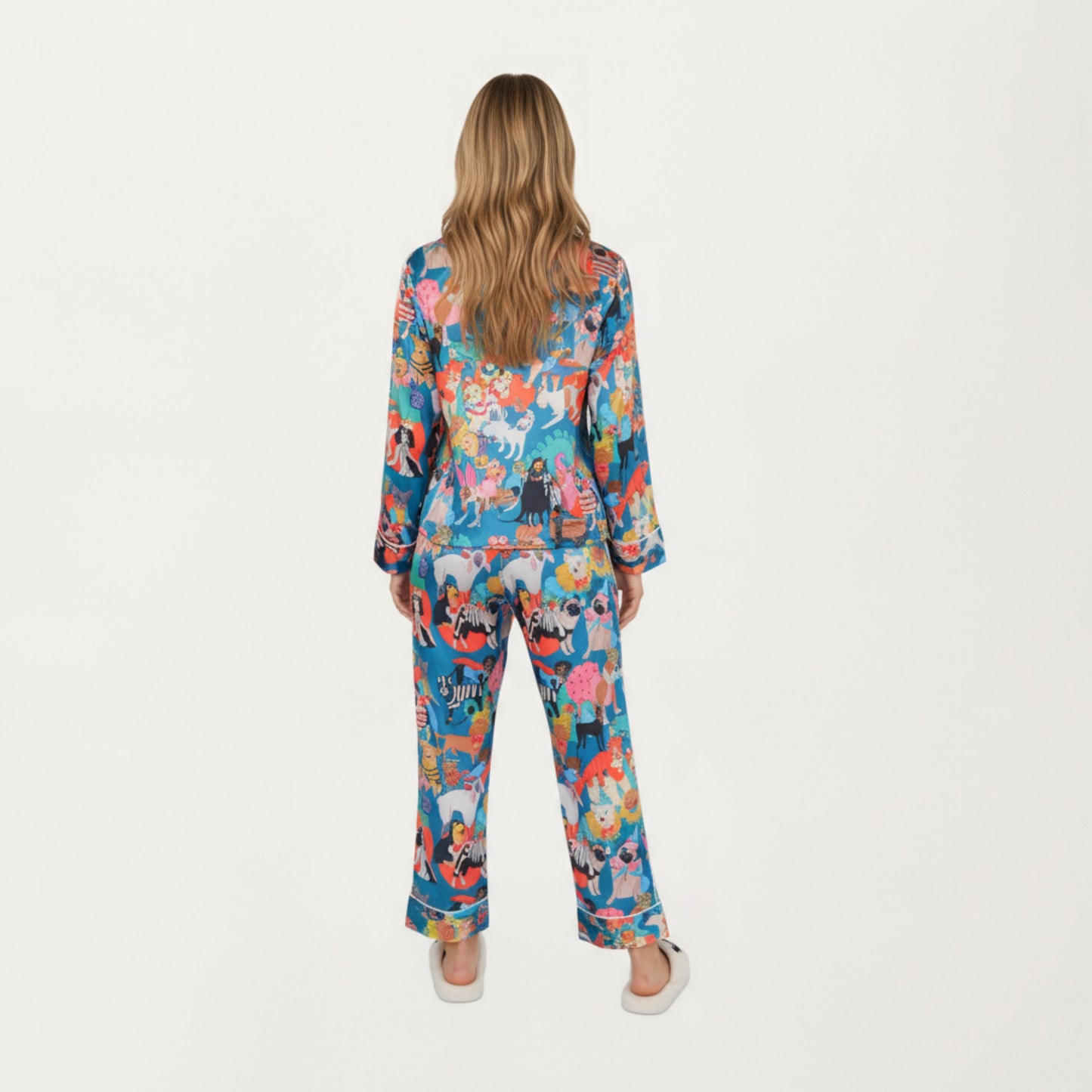 Anna-Kaci Lounge Women's 2-Piece Set Long Sleeve Button Front Top and Relaxed Fit Pants Pajama Set with Playful Dog Print