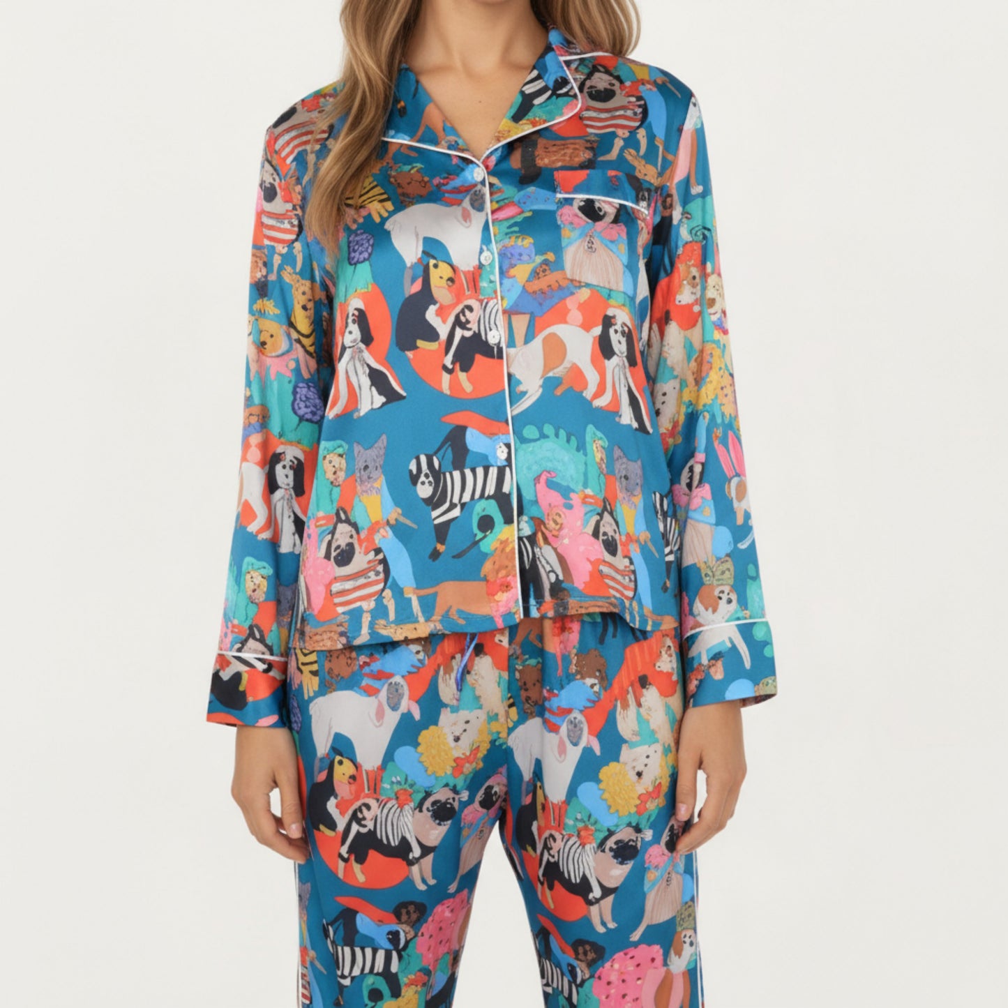 Anna-Kaci Lounge Women's 2-Piece Set Long Sleeve Button Front Top and Relaxed Fit Pants Pajama Set with Playful Dog Print