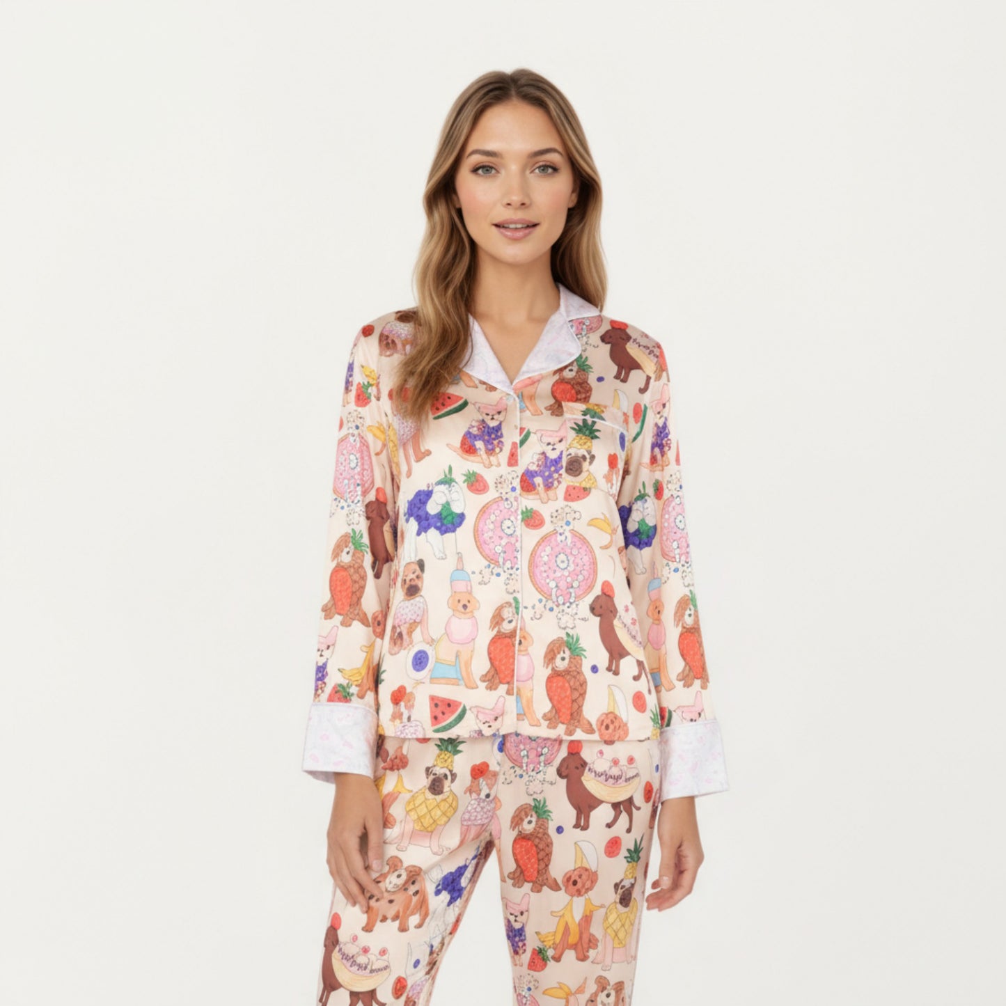 Anna-Kaci Lounge Women's 2-Piece Set Long Sleeve Button Front Top and Relaxed Fit Pants Pajama Set with Fun Dog Print