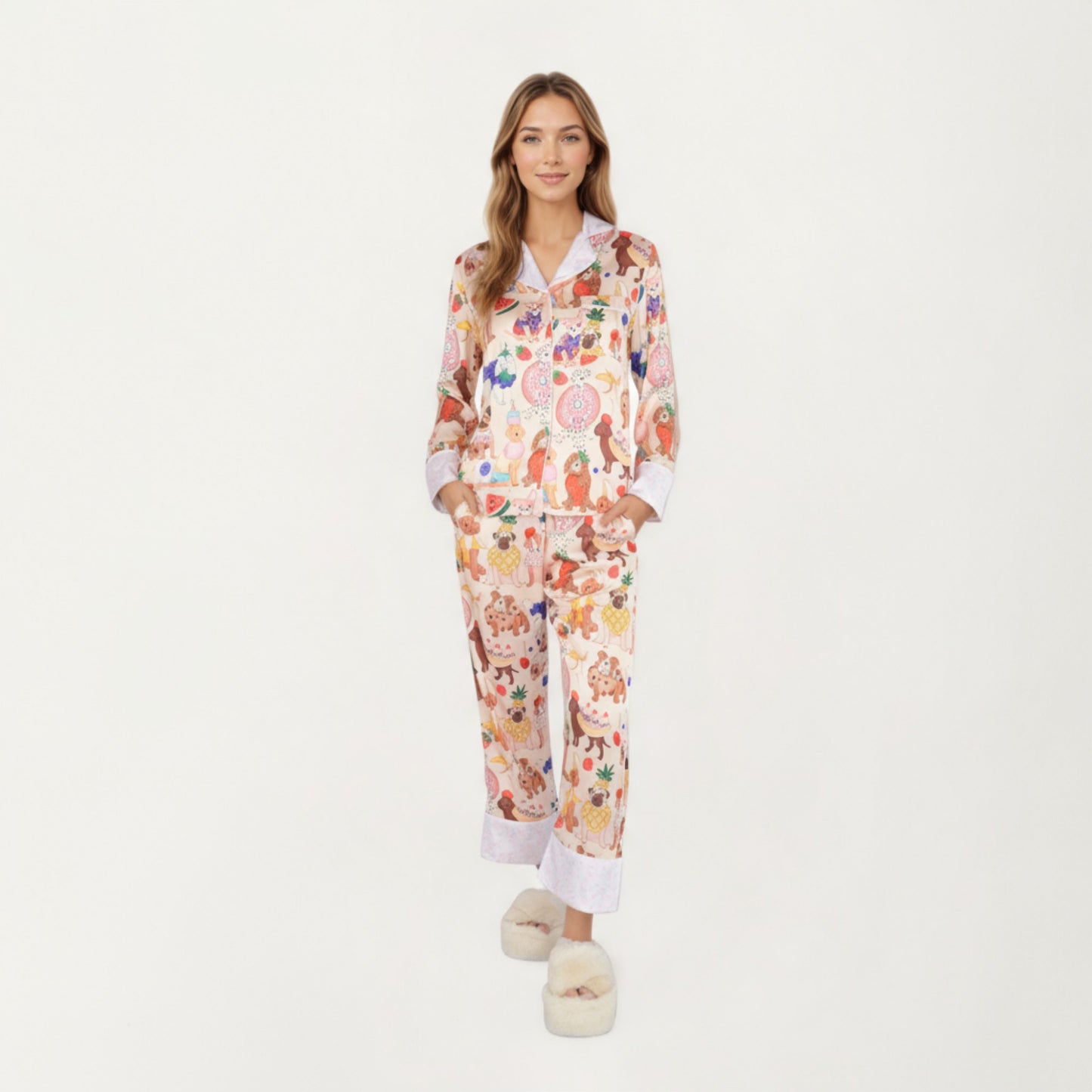 Anna-Kaci Lounge Women's 2-Piece Set Long Sleeve Button Front Top and Relaxed Fit Pants Pajama Set with Fun Dog Print