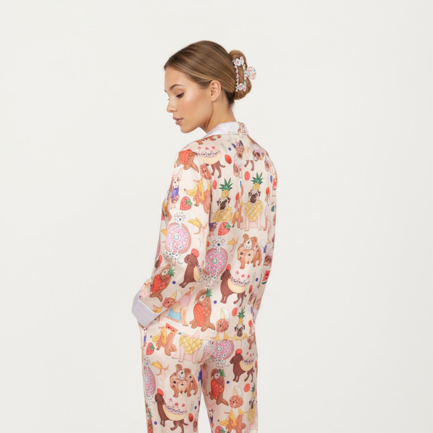 Anna-Kaci Lounge Women's 2-Piece Set Long Sleeve Button Front Top and Relaxed Fit Pants Pajama Set with Fun Dog Print
