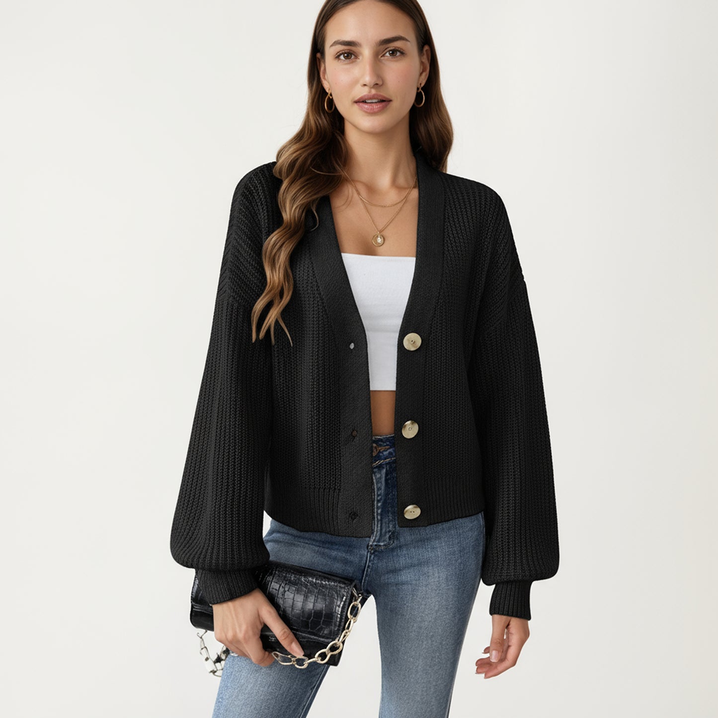 Anna-Kaci Women's Button Front Knit Cardigan with Long Lantern Sleeves and Relaxed Fit