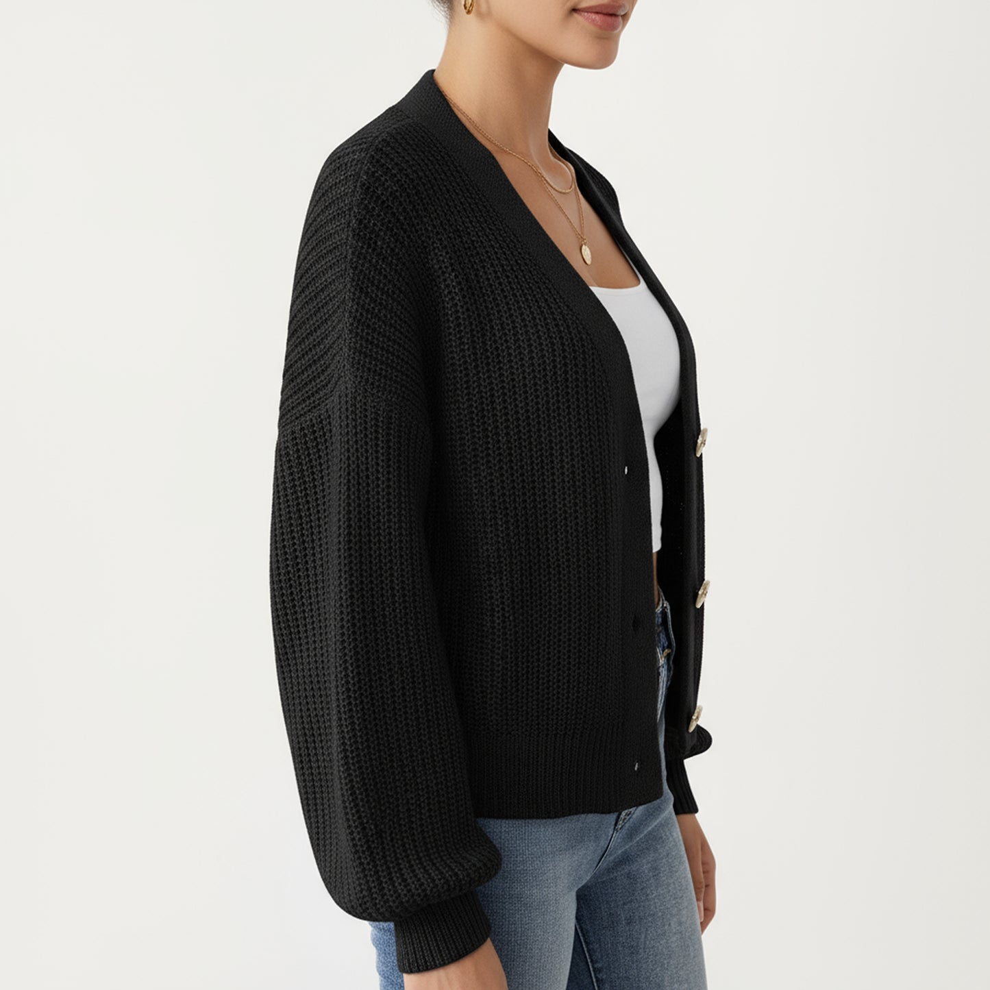 Anna-Kaci Women's Button Front Knit Cardigan with Long Lantern Sleeves and Relaxed Fit
