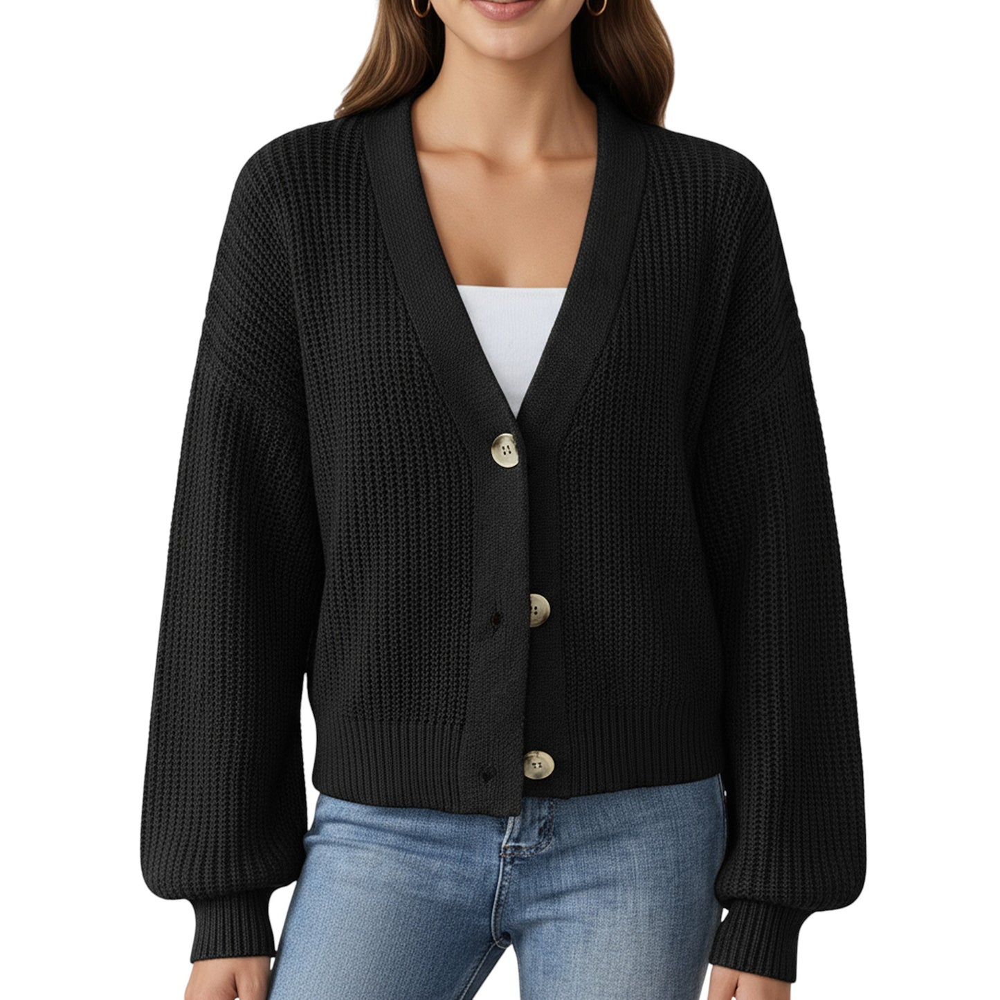 Anna-Kaci Women's Button Front Knit Cardigan with Long Lantern Sleeves and Relaxed Fit