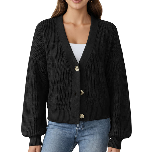Anna-Kaci Women's Button Front Knit Cardigan with Long Lantern Sleeves and Relaxed Fit