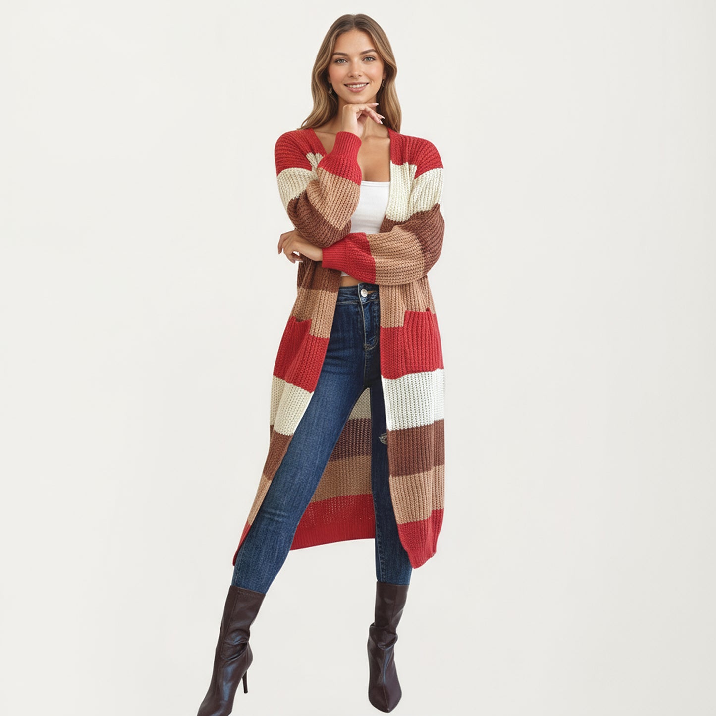 Anna-Kaci Women's Long Sleeve Open Front Knit Cardigan with Bold Color Block Stripes