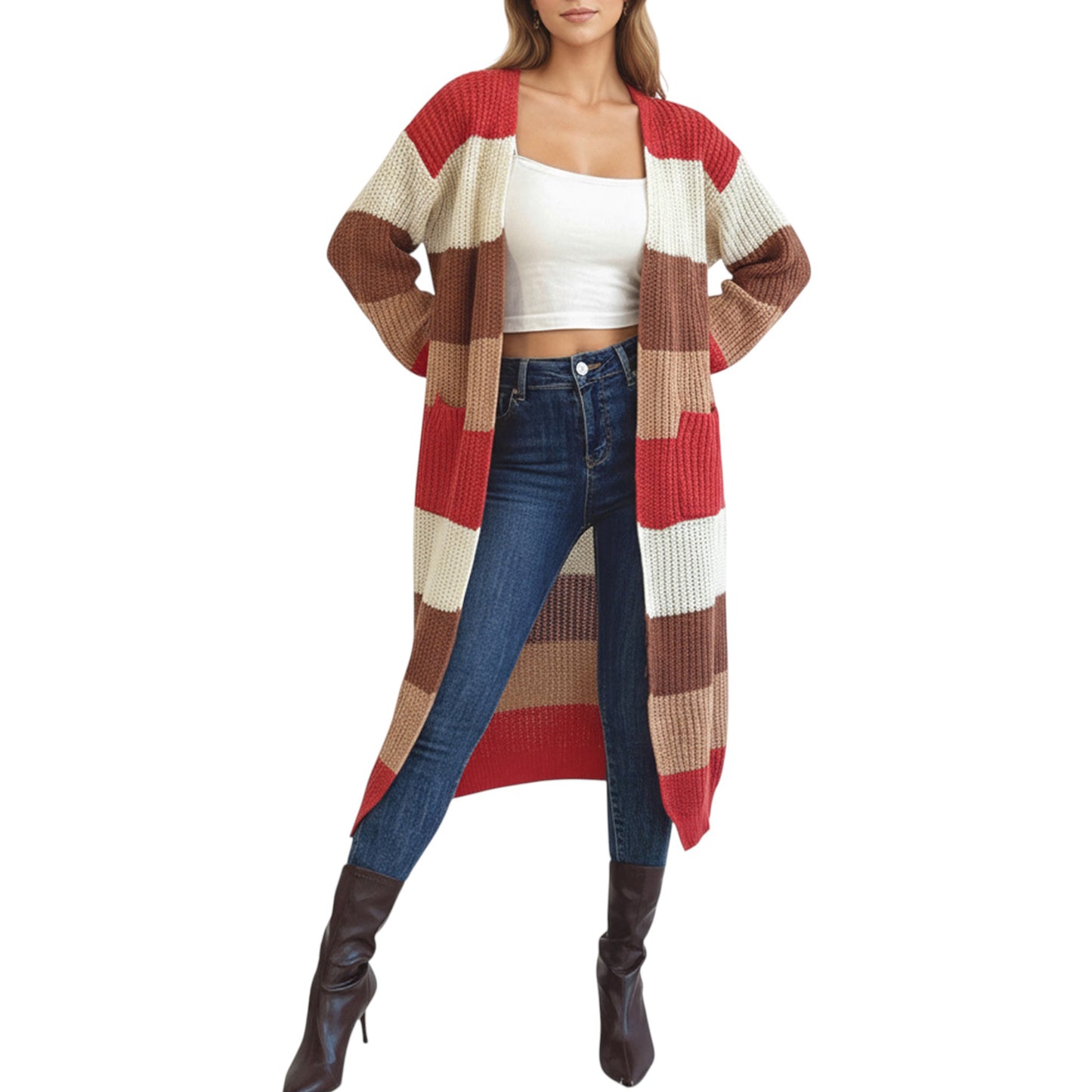 Anna-Kaci Women's Long Sleeve Open Front Knit Cardigan with Bold Color Block Stripes