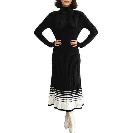 Anna-Kaci Women's Long Sleeve Ribbed Knit Midi Dress with Contrast Hem Stripe Design
