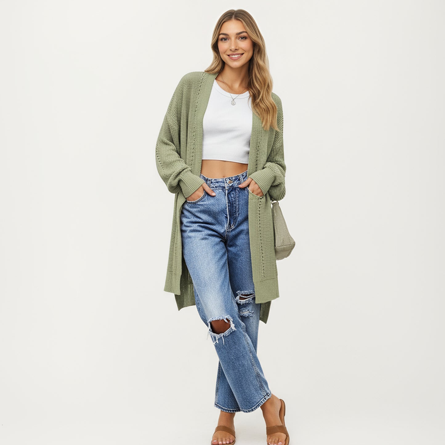 Anna-Kaci Women's Long Sleeve Open Front Knit Cardigan with Relaxed Fit and Textured Detailing