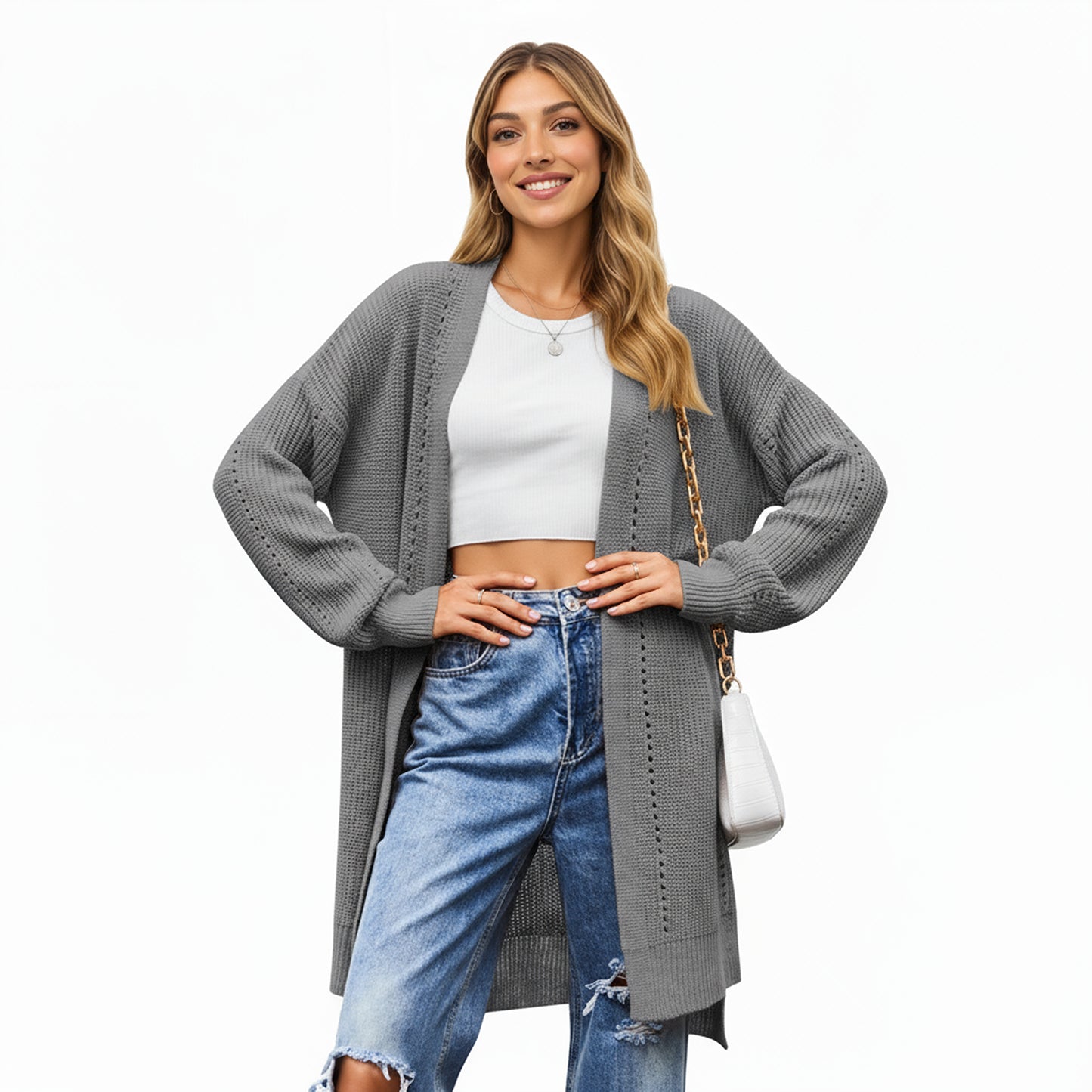 Anna-Kaci Women's Long Sleeve Open Front Knit Cardigan with Relaxed Fit and Textured Detailing