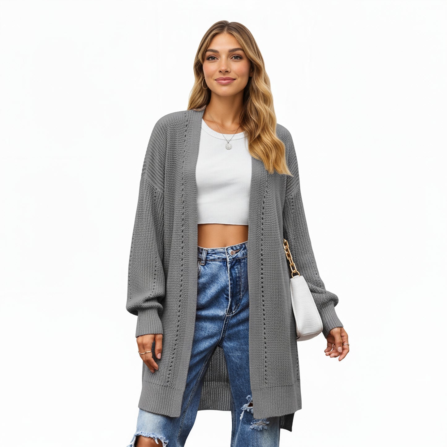 Anna-Kaci Women's Long Sleeve Open Front Knit Cardigan with Relaxed Fit and Textured Detailing