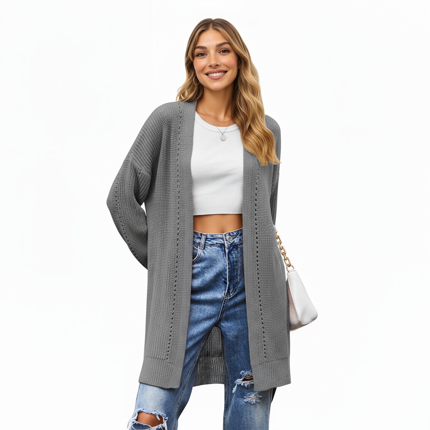 Anna-Kaci Women's Long Sleeve Open Front Knit Cardigan with Relaxed Fit and Textured Detailing
