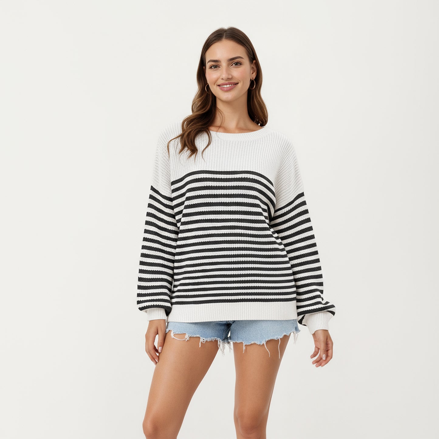 Anna-Kaci Women's Long Sleeve Striped Knit Pullover Sweater with Relaxed Fit and Ribbed Hem