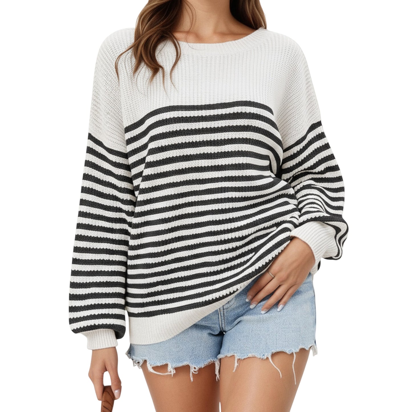 Anna-Kaci Women's Long Sleeve Striped Knit Pullover Sweater with Relaxed Fit and Ribbed Hem
