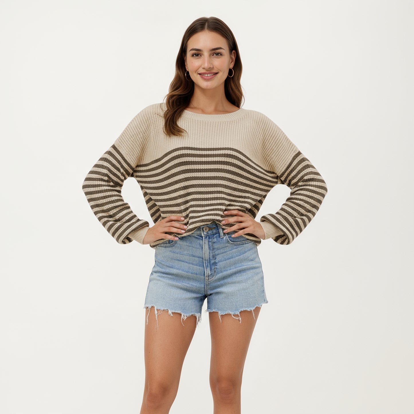 Anna-Kaci Women's Long Sleeve Striped Knit Pullover Sweater with Relaxed Fit and Ribbed Hem