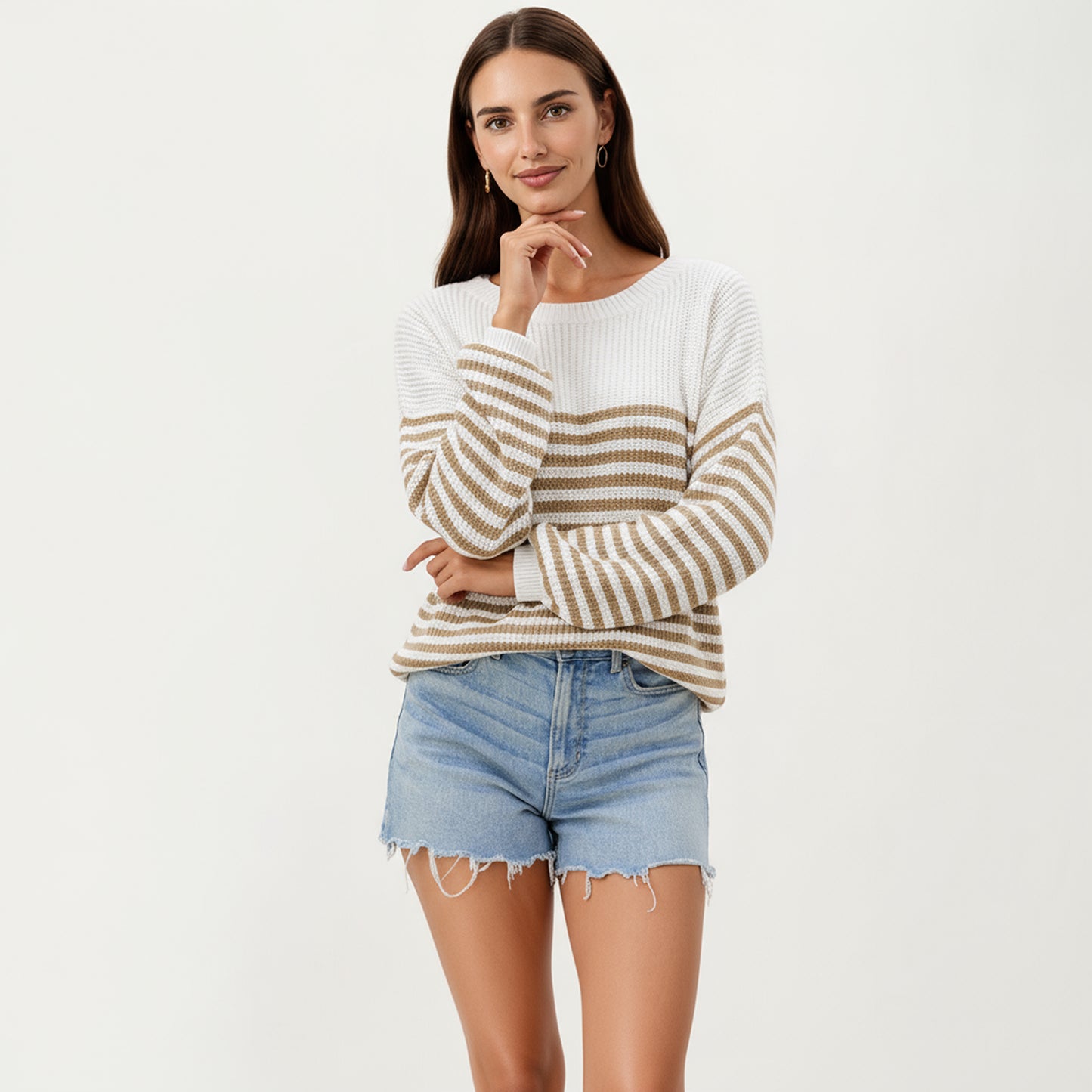 Anna-Kaci Women's Long Sleeve Striped Knit Pullover Sweater with Relaxed Fit and Ribbed Hem