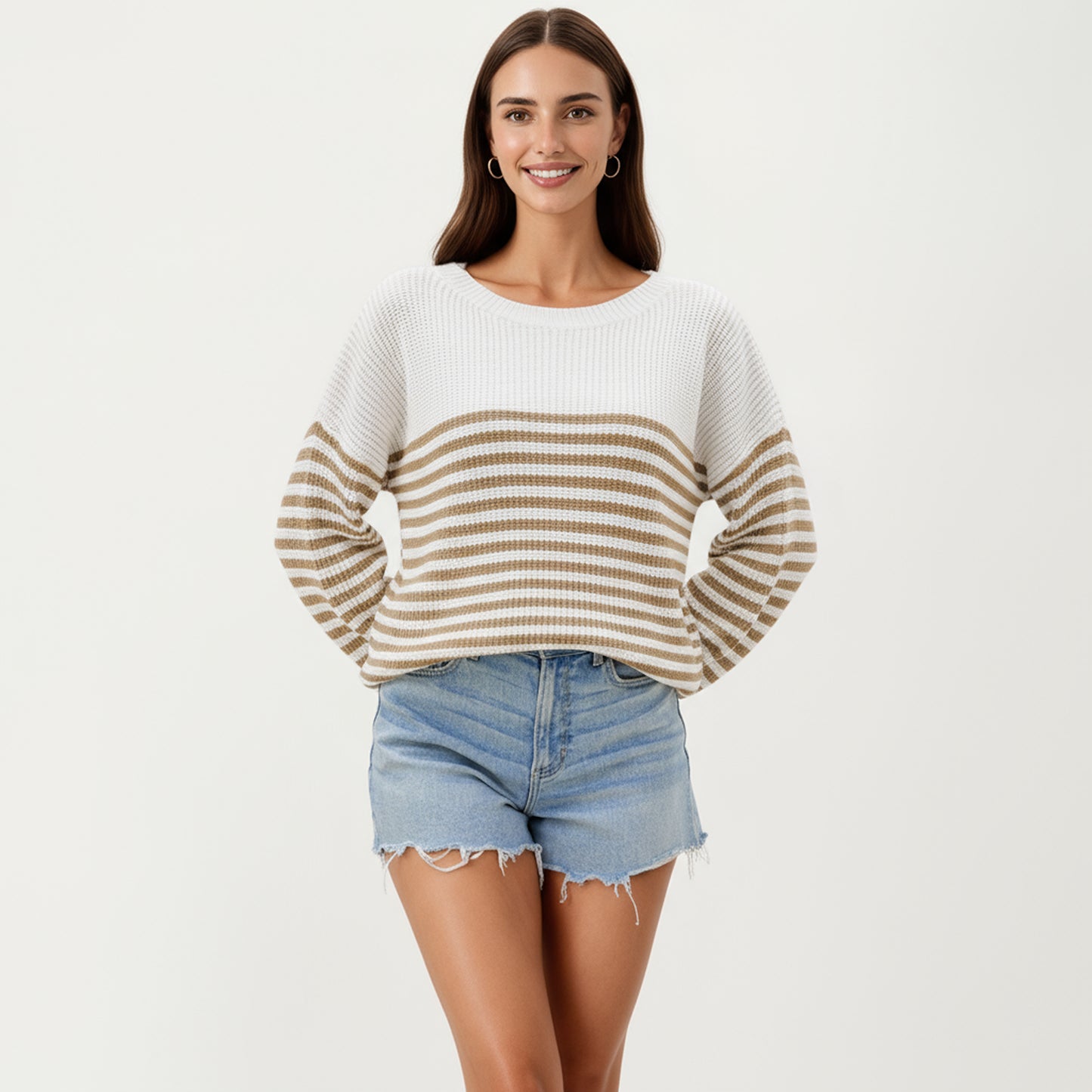 Anna-Kaci Women's Long Sleeve Striped Knit Pullover Sweater with Relaxed Fit and Ribbed Hem