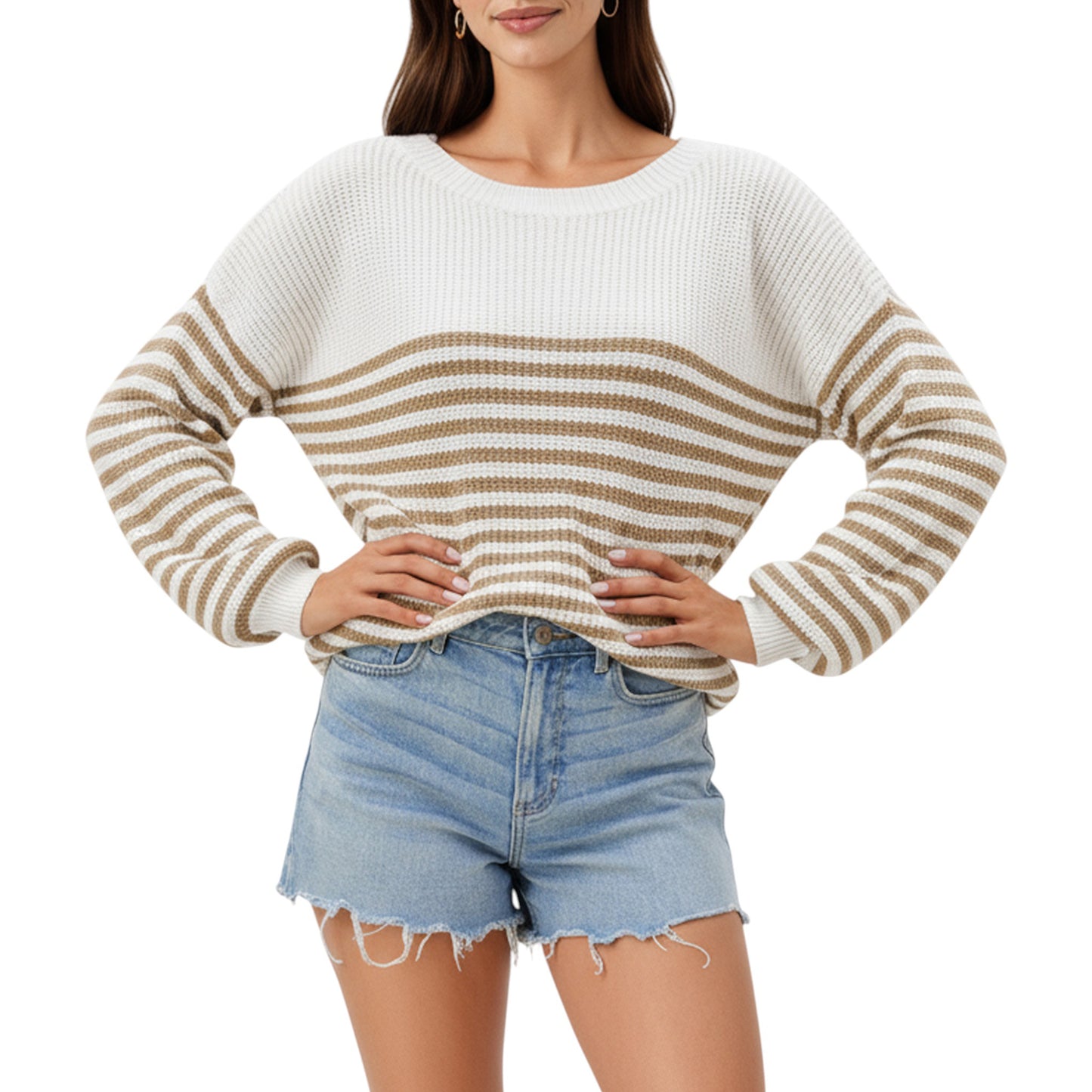 Anna-Kaci Women's Long Sleeve Striped Knit Pullover Sweater with Relaxed Fit and Ribbed Hem