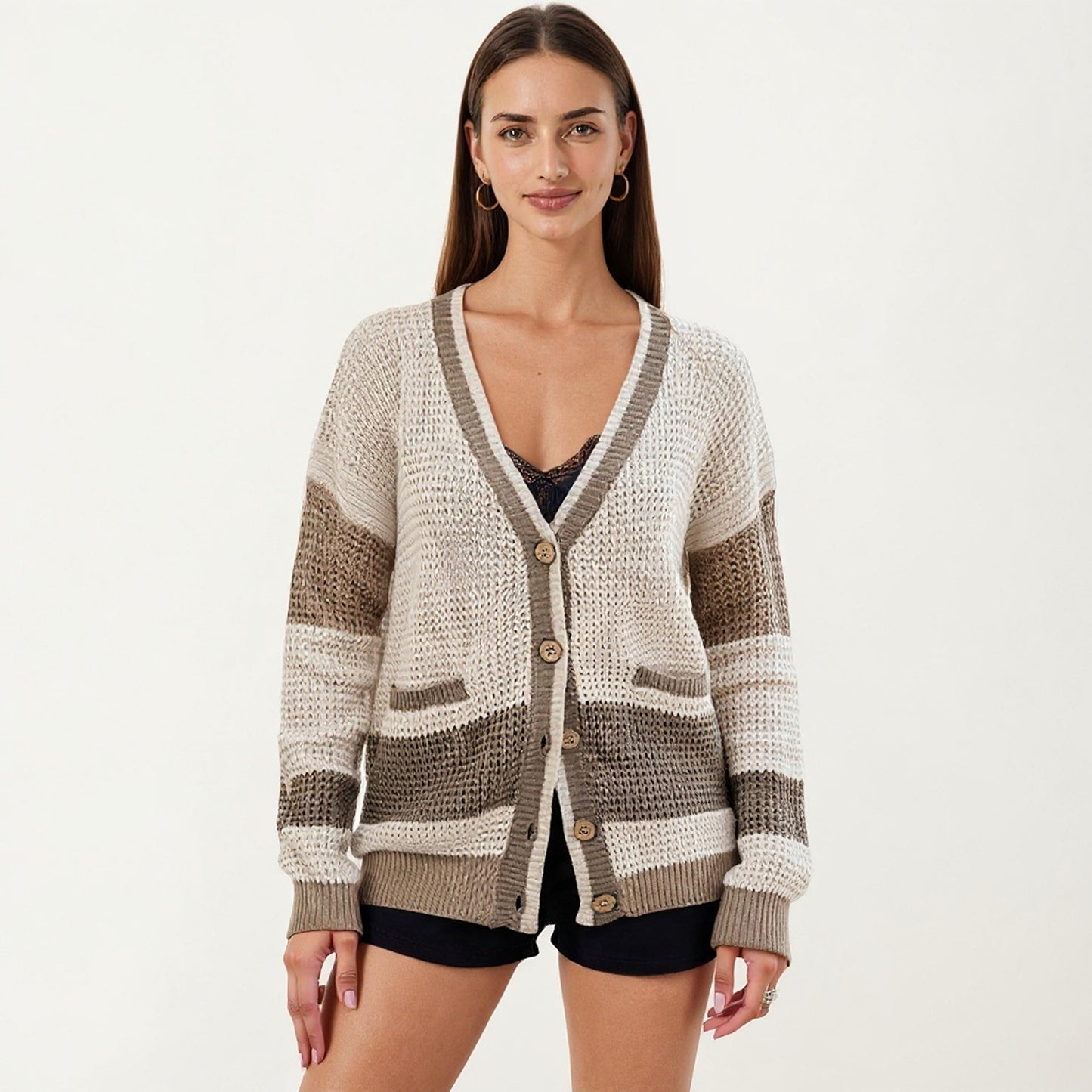 Anna-Kaci Women's Long Sleeve Button Front Striped Knit Cardigan with Pockets and Relaxed Fit