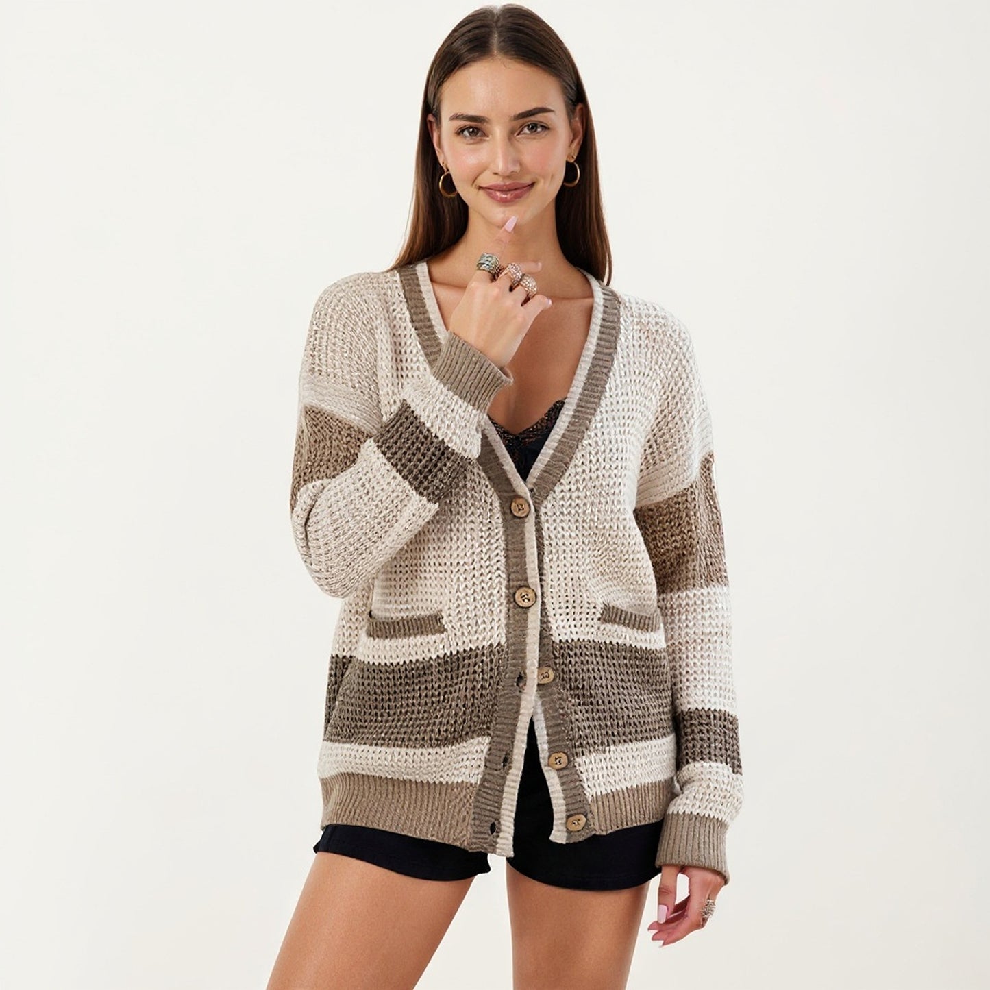 Anna-Kaci Women's Long Sleeve Button Front Striped Knit Cardigan with Pockets and Relaxed Fit