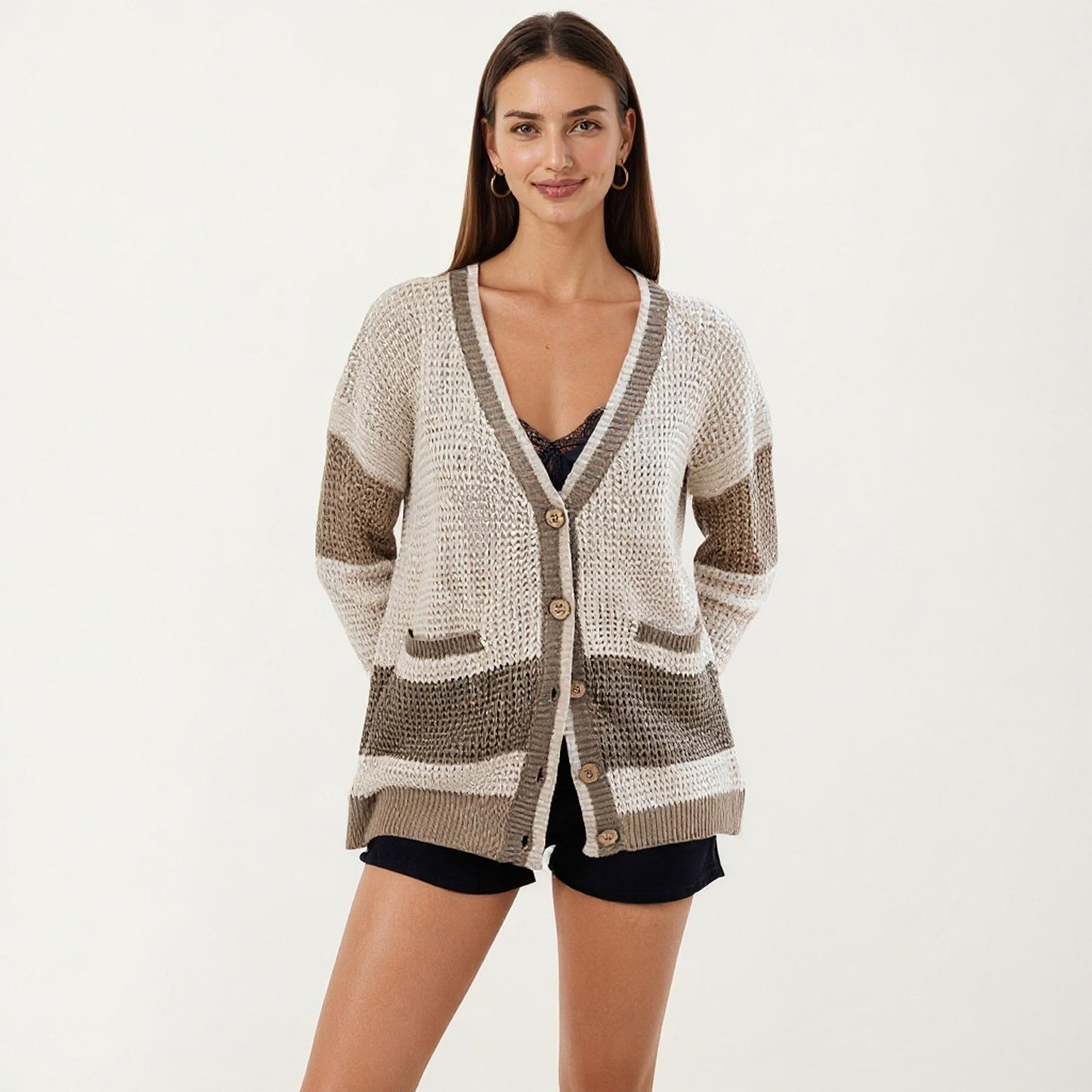 Anna-Kaci Women's Long Sleeve Button Front Striped Knit Cardigan with Pockets and Relaxed Fit