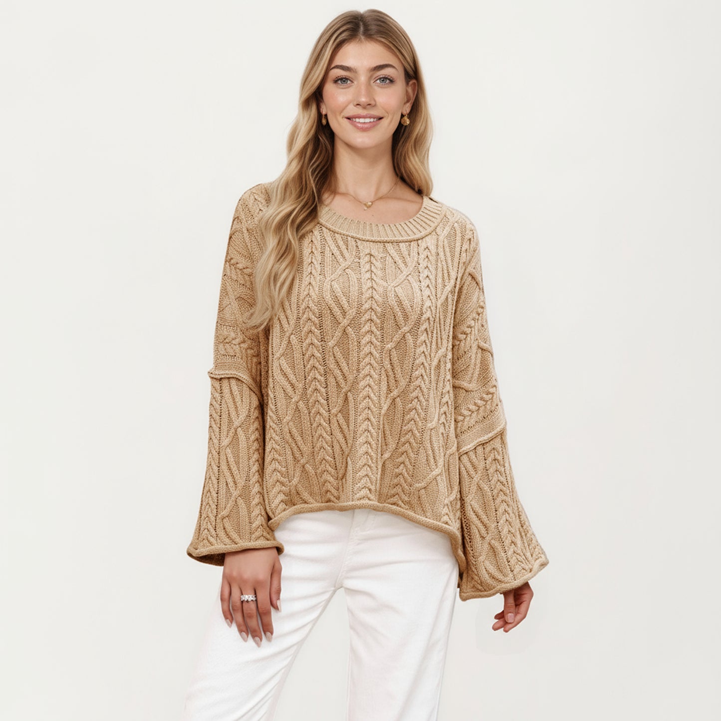Anna-Kaci Women's Long Sleeve Cable Knit Pullover Sweater with Relaxed Fit and Wide Cuff Sleeves