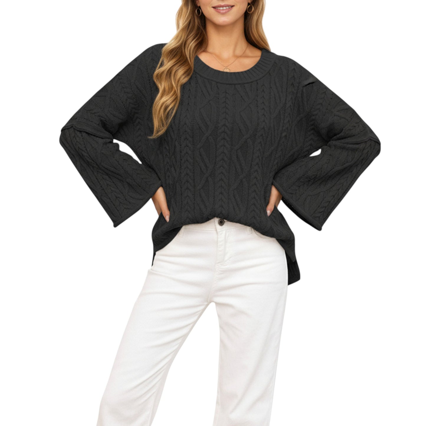 Anna-Kaci Women's Long Sleeve Cable Knit Pullover Sweater with Relaxed Fit and Wide Cuff Sleeves