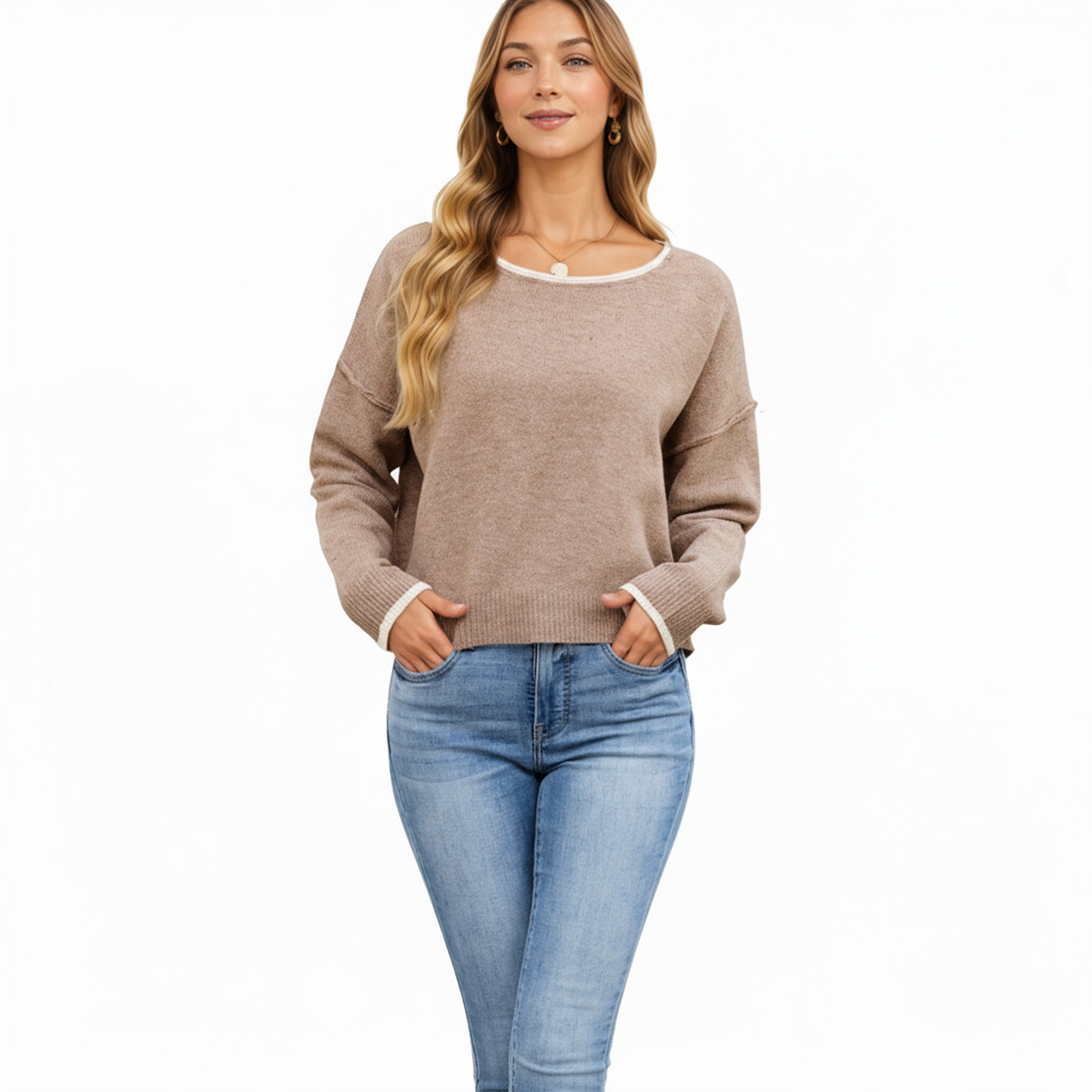Anna-Kaci Women's Long Sleeve Crew Neck Knit Pullover Sweater with Contrast Trim