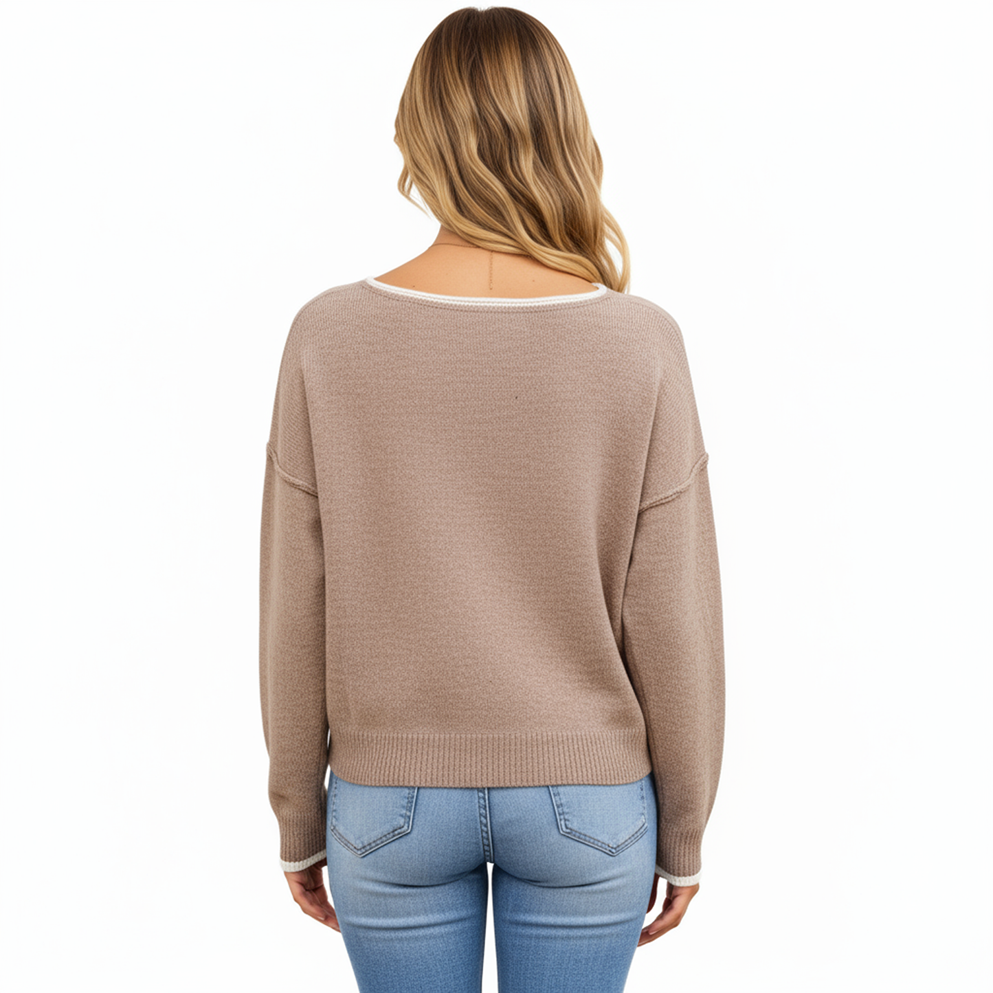 Anna-Kaci Women's Long Sleeve Crew Neck Knit Pullover Sweater with Contrast Trim