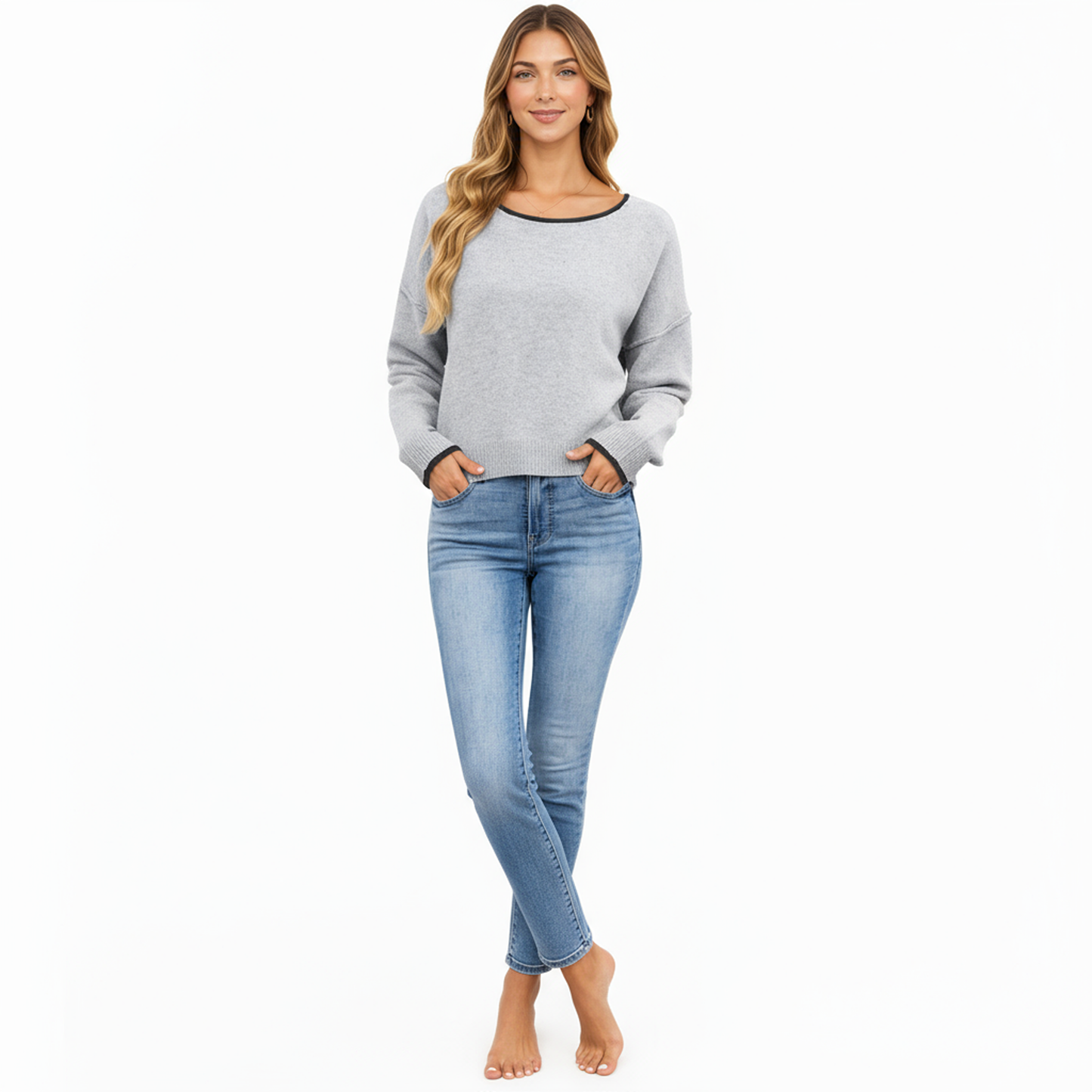 Anna-Kaci Women's Long Sleeve Crew Neck Knit Pullover Sweater with Contrast Trim