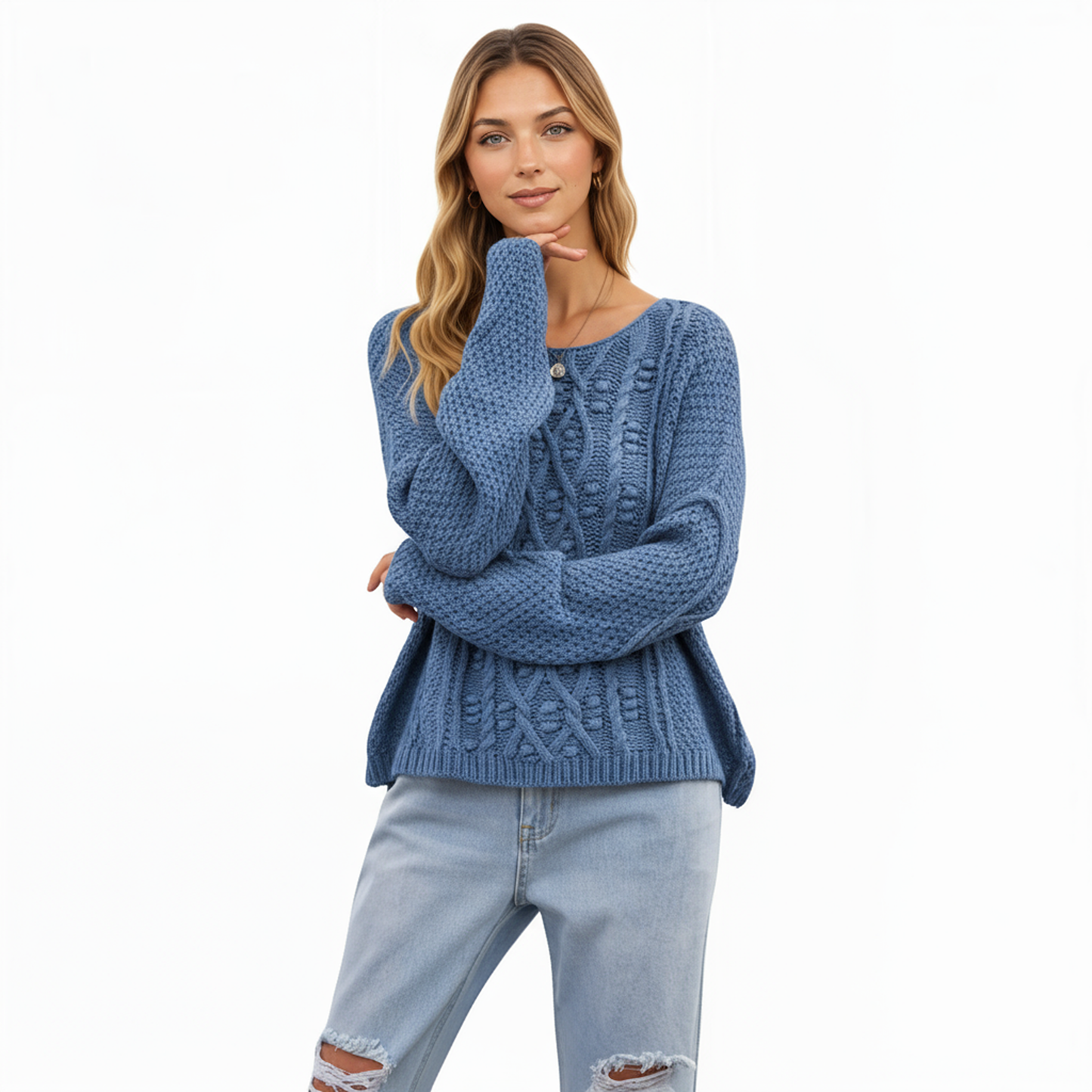 Anna-Kaci Women's Long Sleeve Cable Knit Pullover Sweater with Textured Pattern