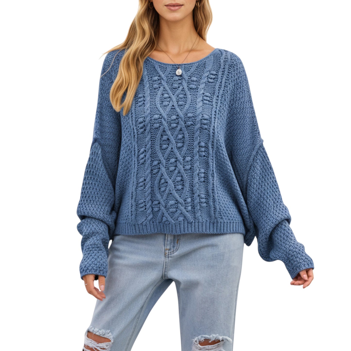 Anna-Kaci Women's Long Sleeve Cable Knit Pullover Sweater with Textured Pattern