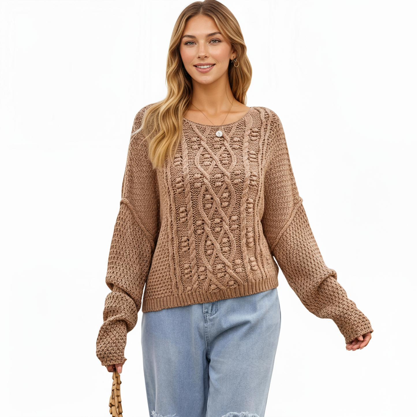Anna-Kaci Women's Long Sleeve Cable Knit Pullover Sweater with Textured Pattern