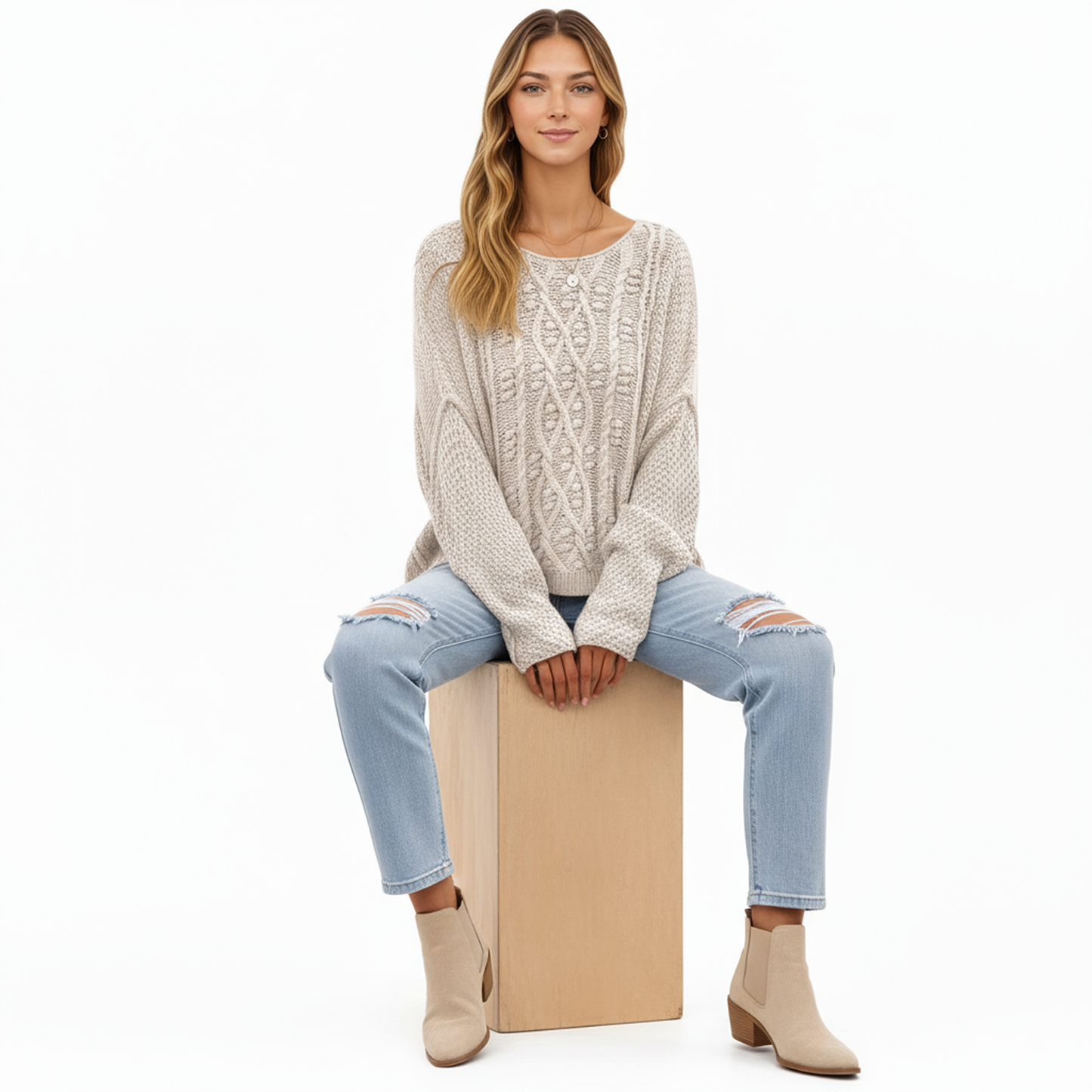 Anna-Kaci Women's Long Sleeve Cable Knit Pullover Sweater with Textured Pattern