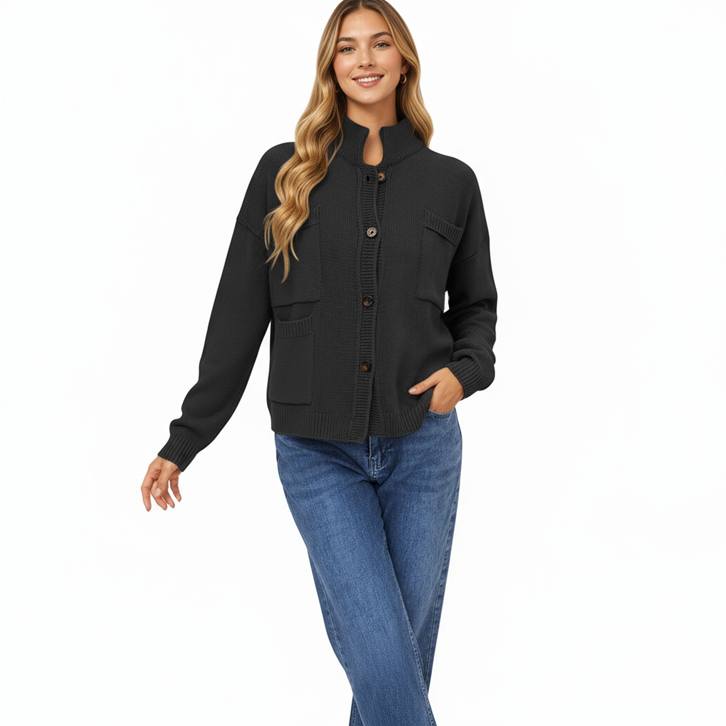 Anna-Kaci Women's Button Front Long Sleeve Knit Cardigan with Stand Collar and Front Pocket