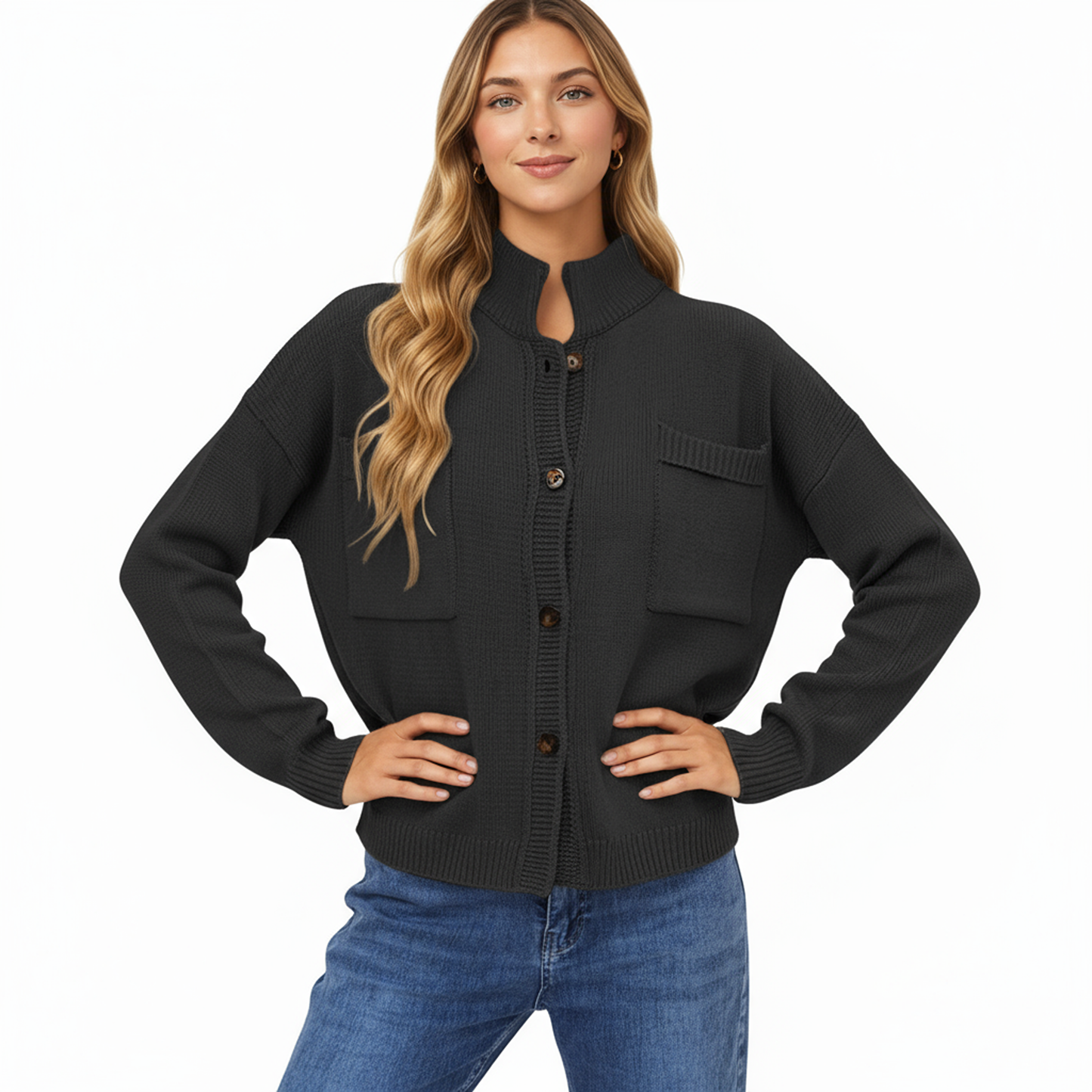 Anna-Kaci Women's Button Front Long Sleeve Knit Cardigan with Stand Collar and Front Pocket