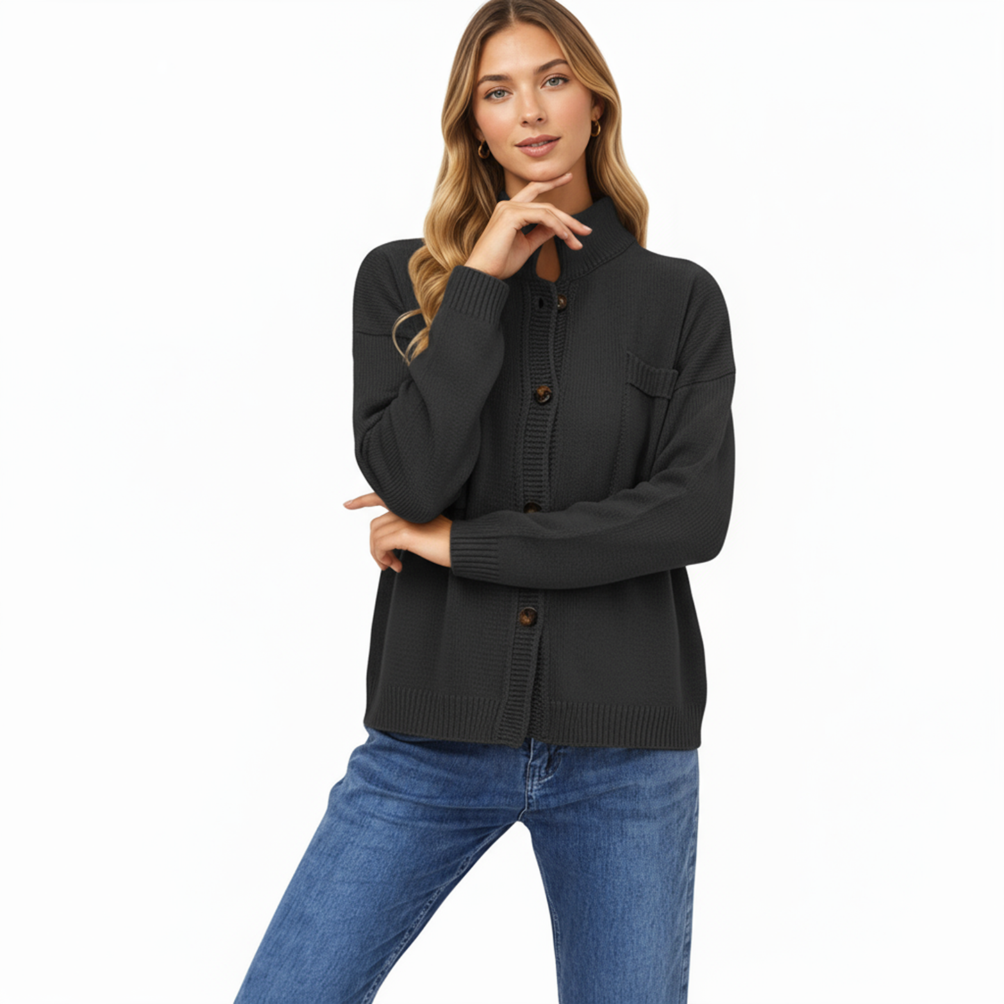 Anna-Kaci Women's Button Front Long Sleeve Knit Cardigan with Stand Collar and Front Pocket