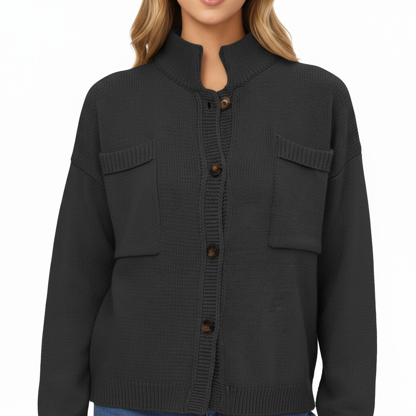 Anna-Kaci Women's Button Front Long Sleeve Knit Cardigan with Stand Collar and Front Pocket