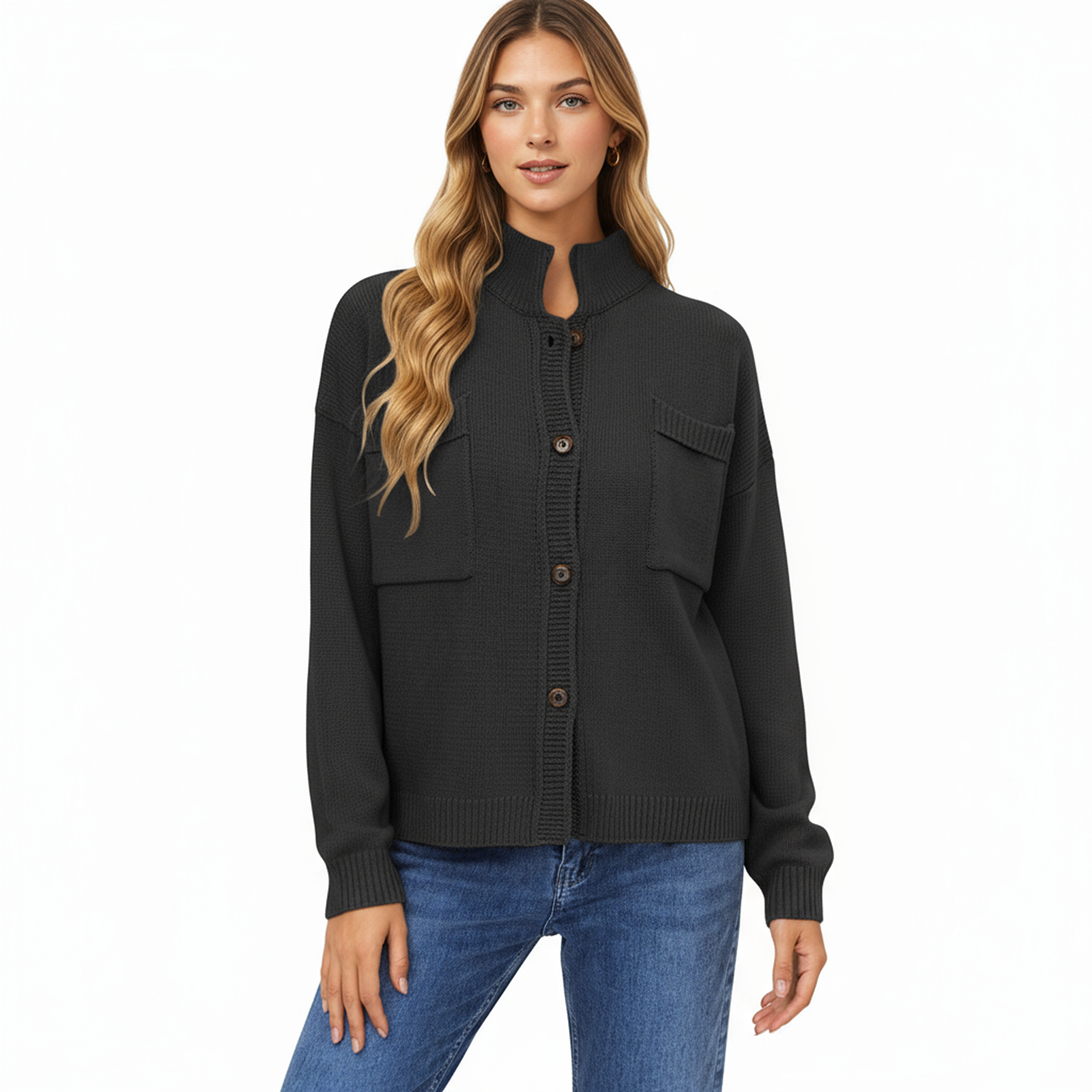 Anna-Kaci Women's Button Front Long Sleeve Knit Cardigan with Stand Collar and Front Pocket