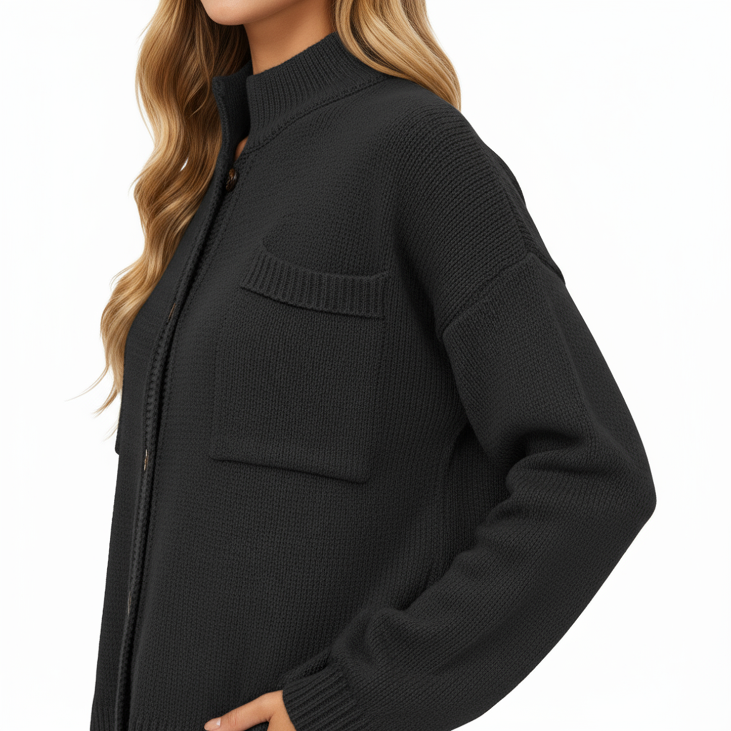 Anna-Kaci Women's Button Front Long Sleeve Knit Cardigan with Stand Collar and Front Pocket