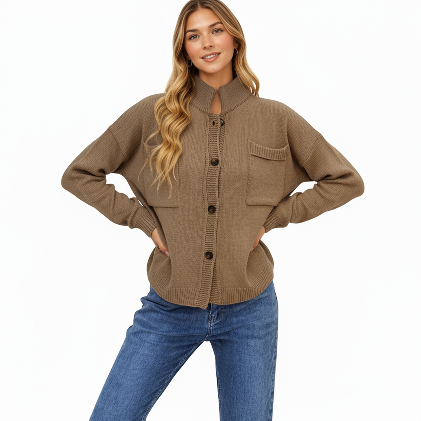 Anna-Kaci Women's Button Front Long Sleeve Knit Cardigan with Stand Collar and Front Pocket