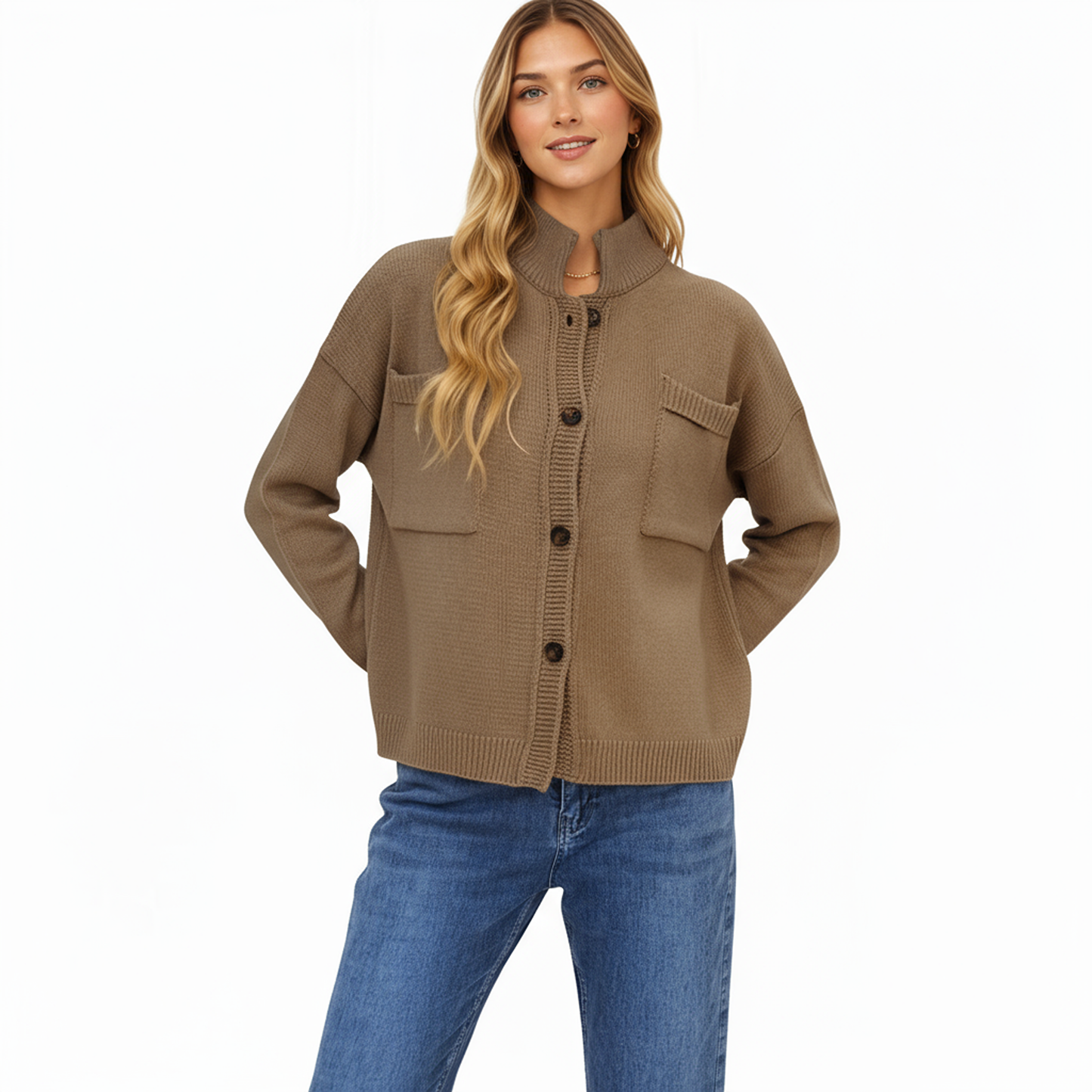 Anna-Kaci Women's Button Front Long Sleeve Knit Cardigan with Stand Collar and Front Pocket