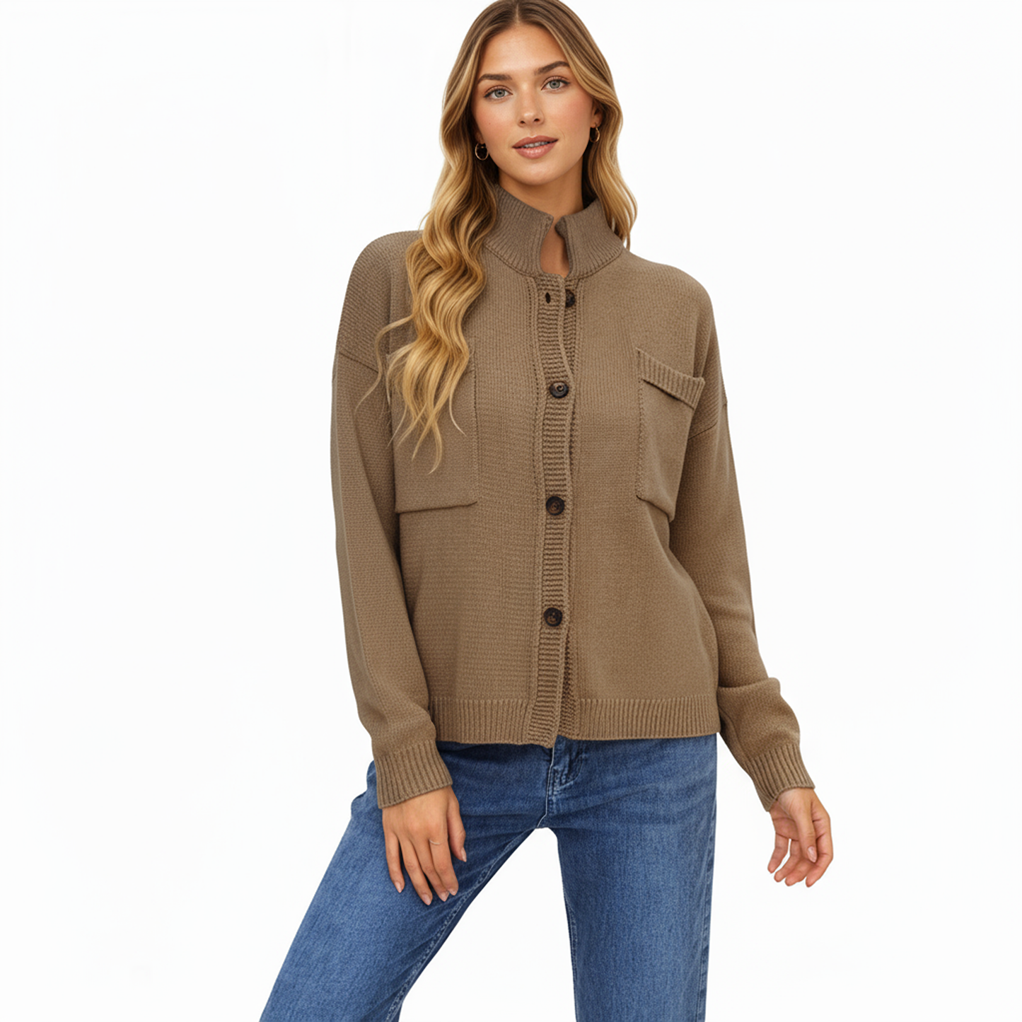 Anna-Kaci Women's Button Front Long Sleeve Knit Cardigan with Stand Collar and Front Pocket