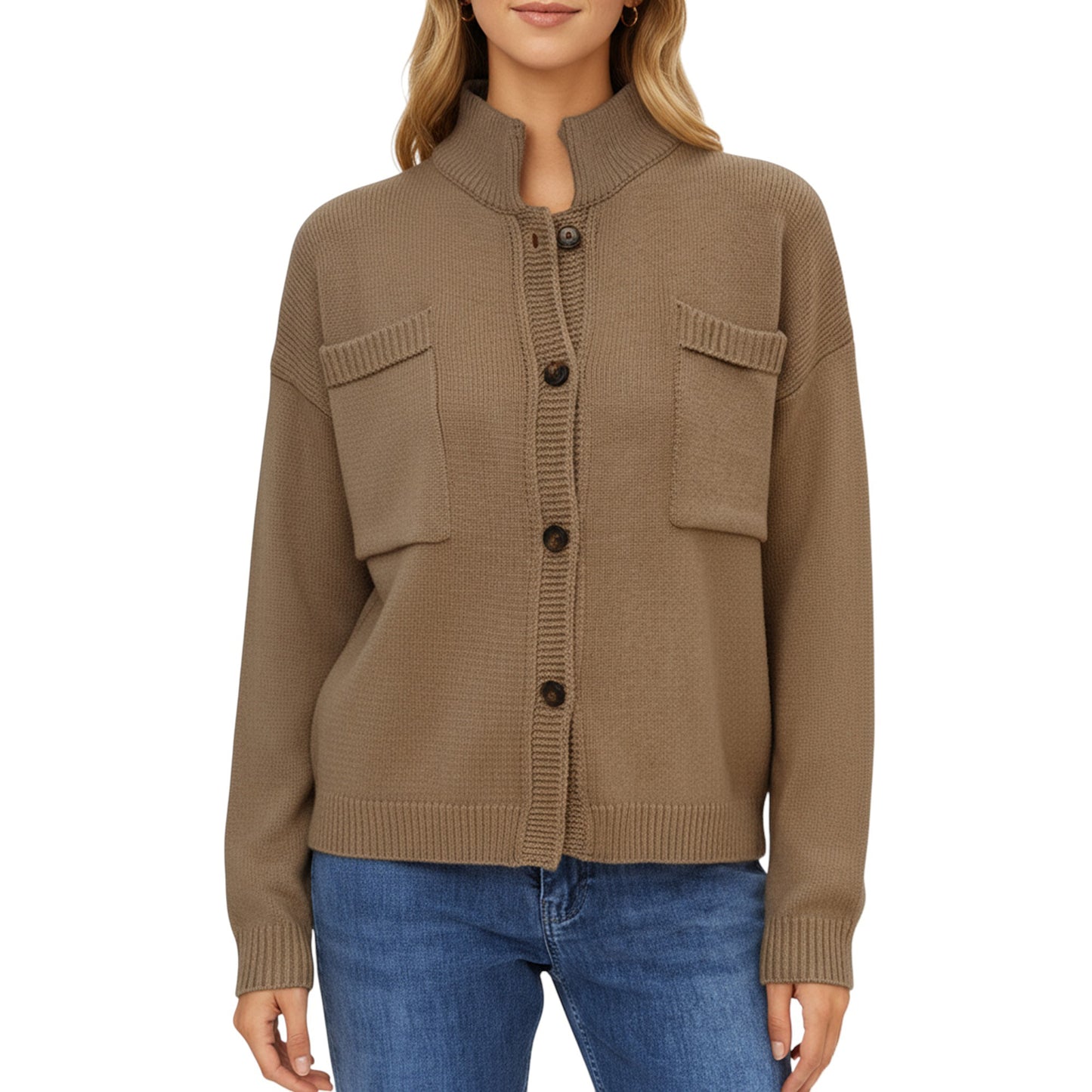 Anna-Kaci Women's Button Front Long Sleeve Knit Cardigan with Stand Collar and Front Pocket